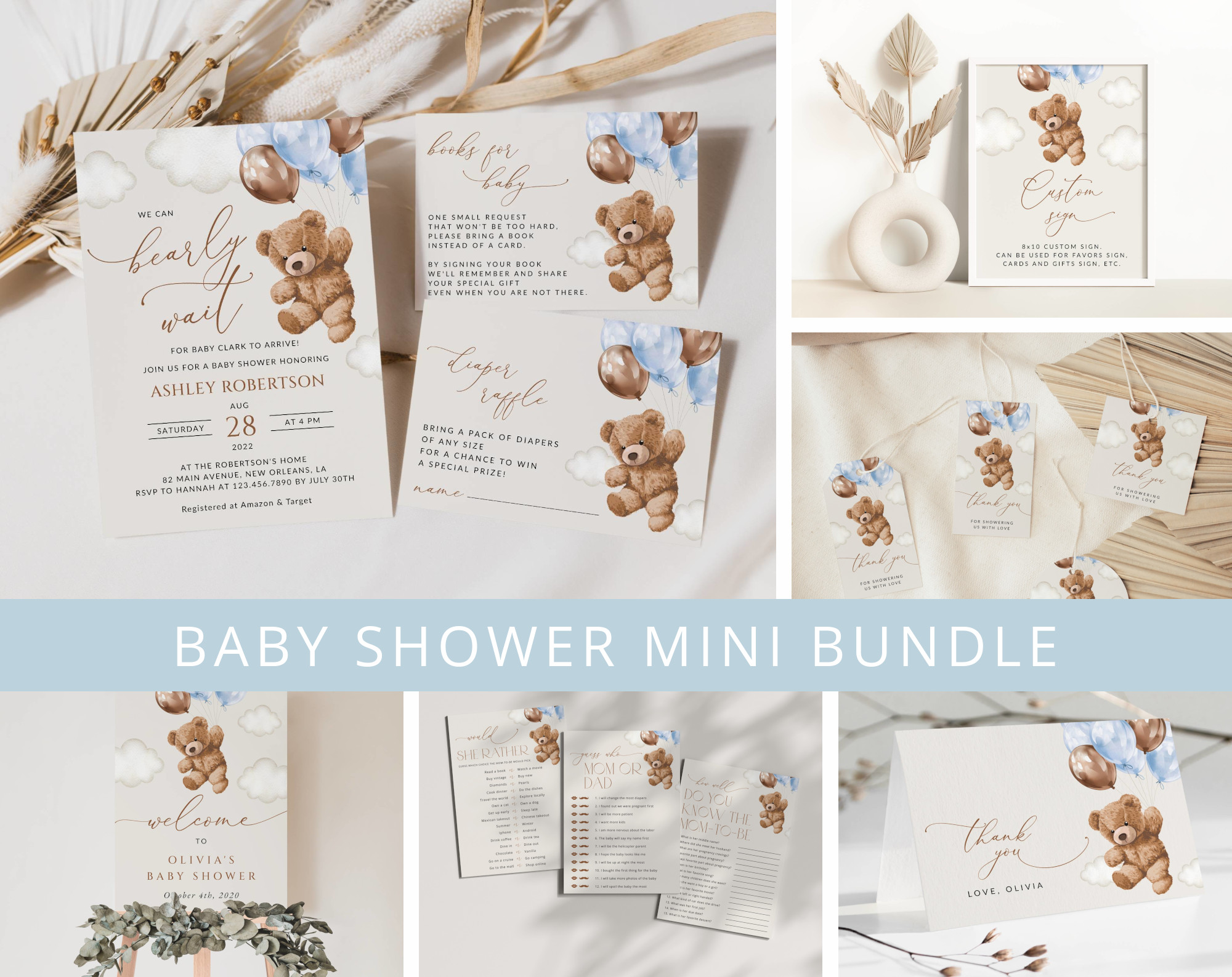 Teddy Bear with Blue Balloons Baby Shower Mini Bundle, Boy Baby Shower, Printable File, Edit Yourself, SH65