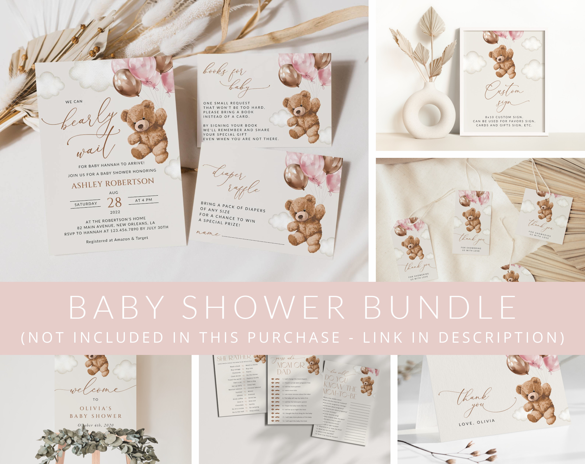 Teddy Bear with Pink Balloons Baby Shower Mini Bundle, Girl Baby Shower, Printable File, Edit Yourself, SH66