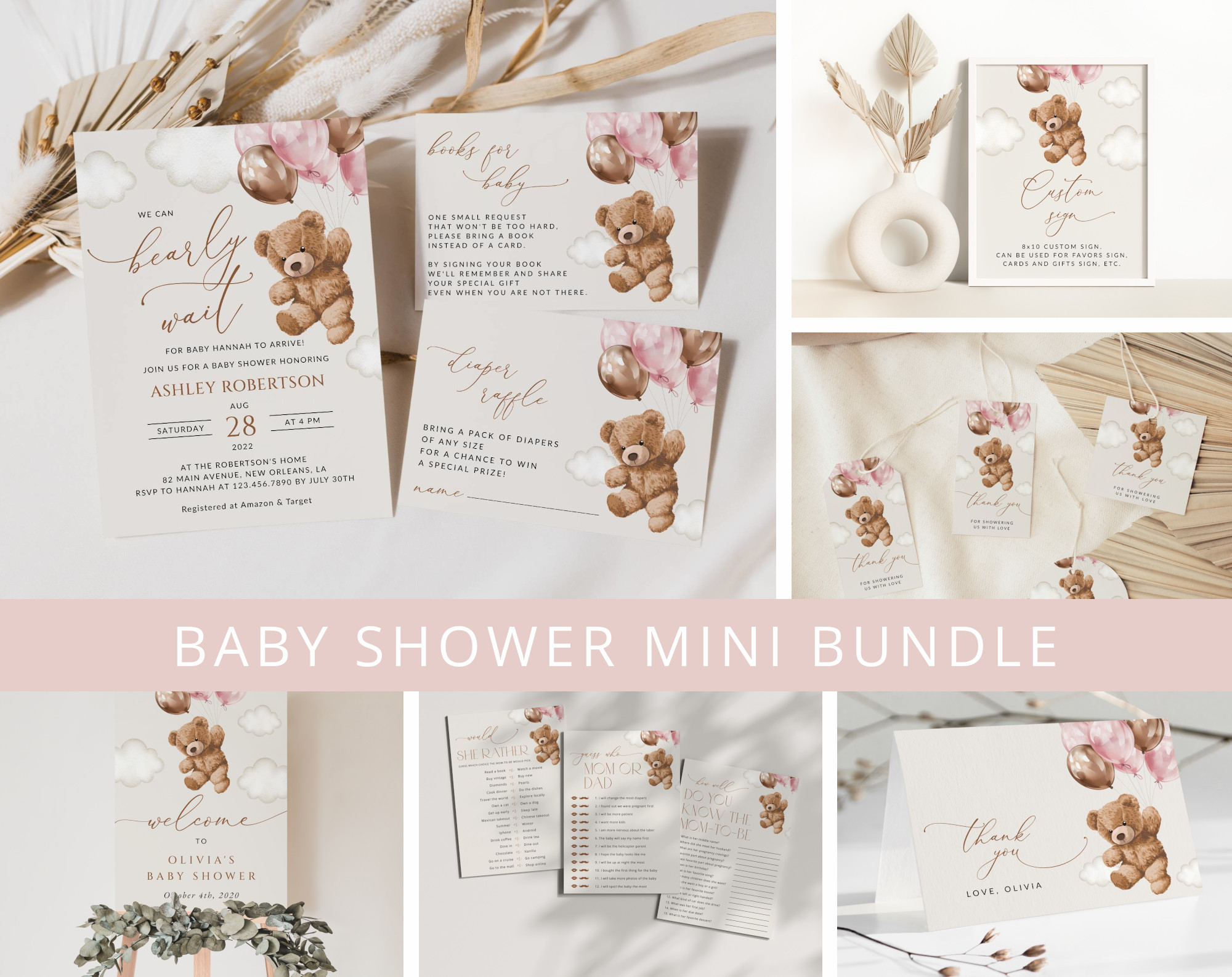 Teddy Bear with Pink Balloons Baby Shower Mini Bundle, Girl Baby Shower, Printable File, Edit Yourself, SH66 Teddy Bear with Pink Balloons Baby Shower Mini Bundle, Girl Baby Shower, Printable File, Edit Yourself, SH66