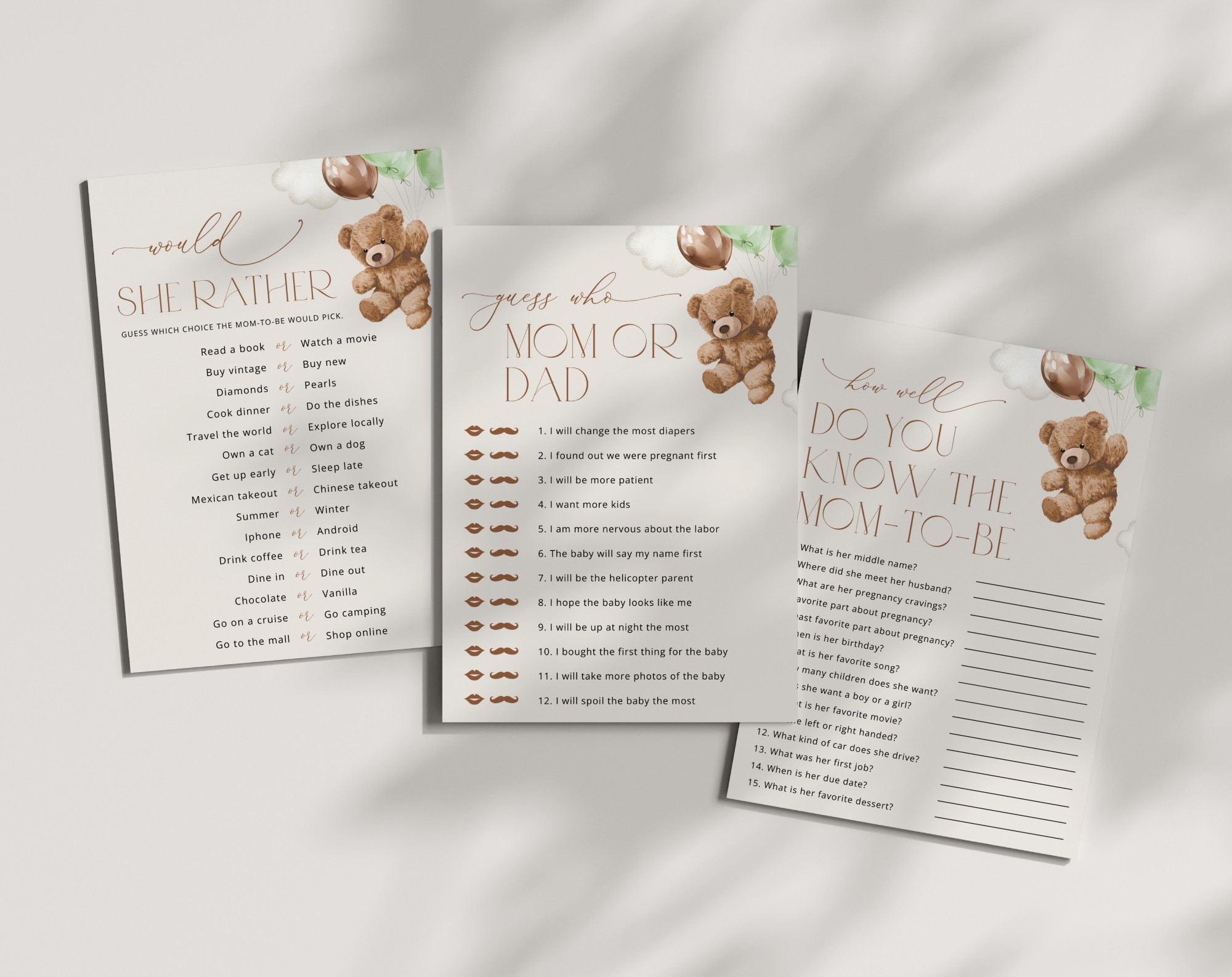 Teddy Bear with Green Balloons Baby Shower Games, Set of 3 Games, Gender Neutral Baby Shower, Printable File, Edit Yourself, SH67