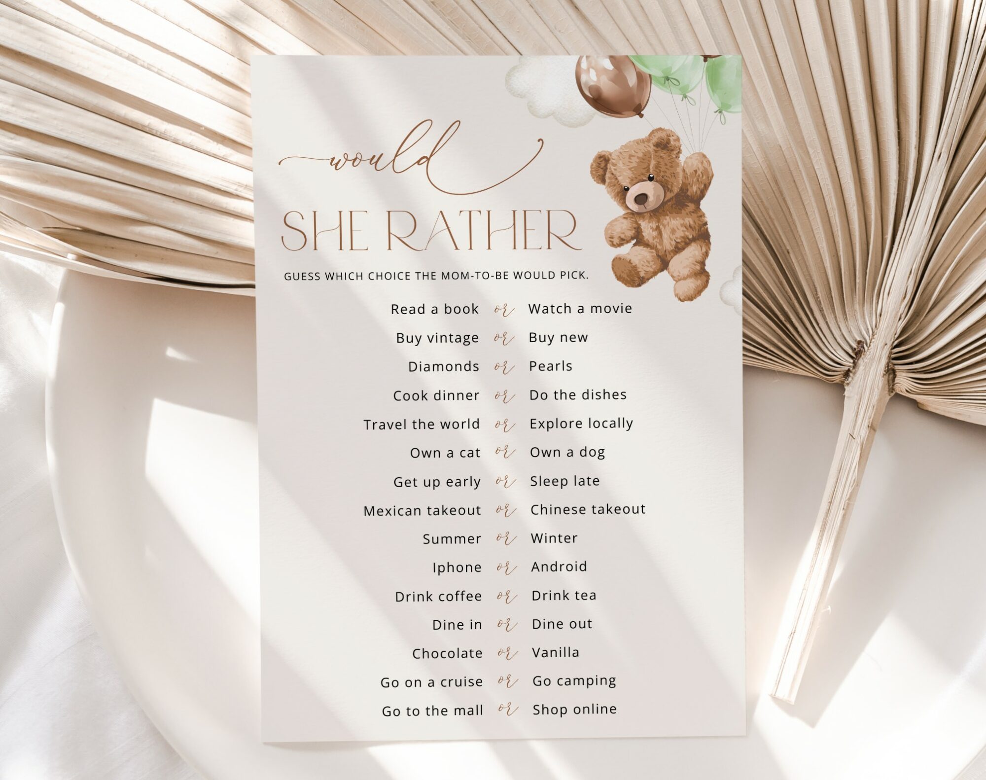 Teddy Bear with Green Balloons Baby Shower Games, Set of 3 Games, Gender Neutral Baby Shower, Printable File, Edit Yourself, SH67
