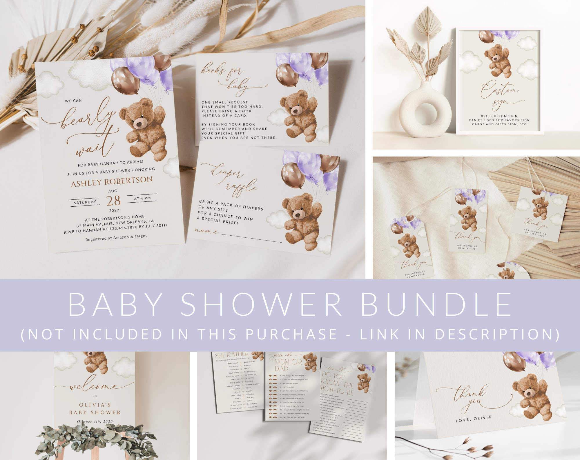 Teddy Bear with Purple Balloons Baby Shower Mini Bundle, Girl Baby Shower, Printable File, Edit Yourself, SH68