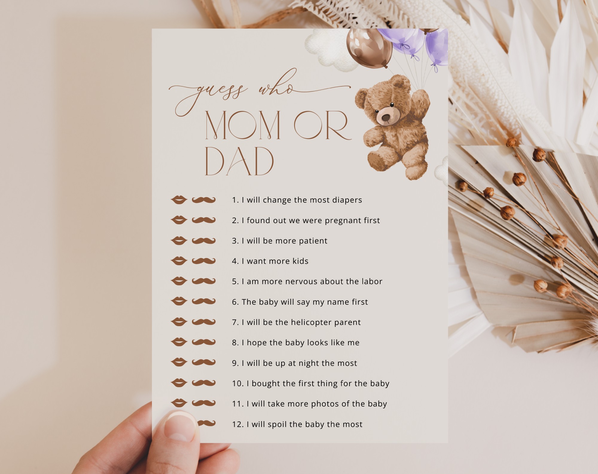 Teddy Bear with Purple Balloons Baby Shower Games, Set of 3 Games, Girl Baby Shower, Printable File, Edit Yourself, SH68