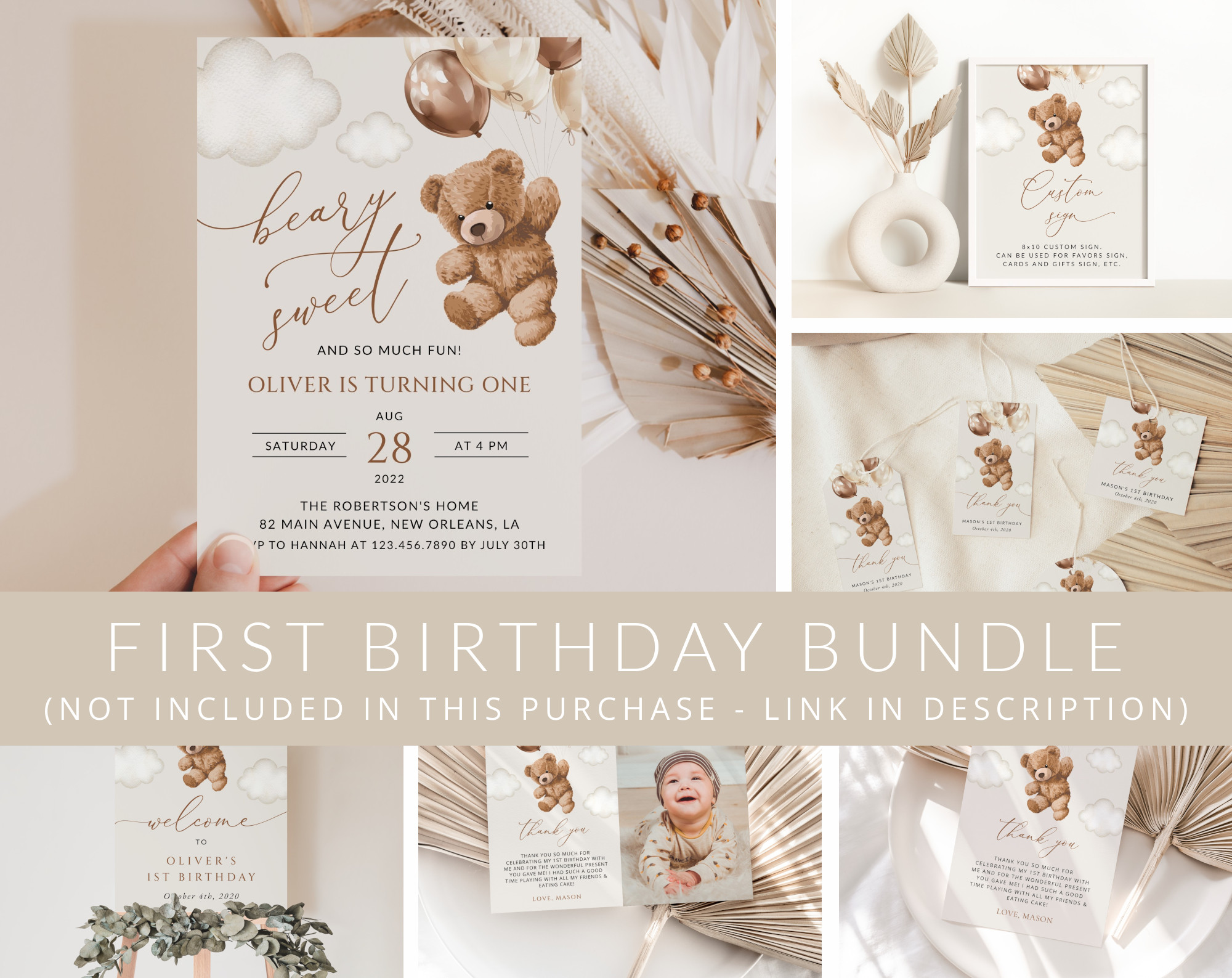 Teddy Bear with Brown Balloons First Birthday Mini Bundle, Boy Birthday, Printable File, Edit Yourself, SH69