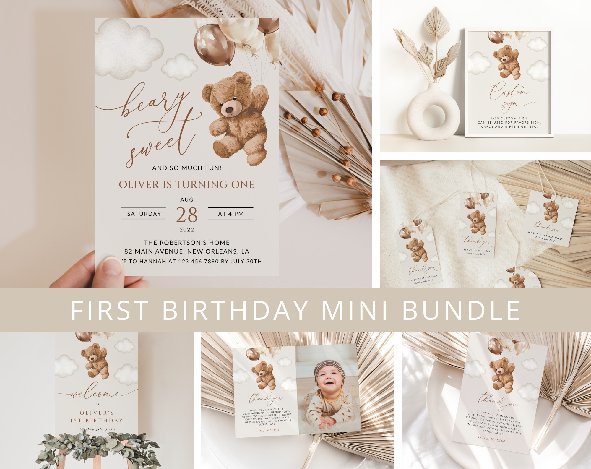 Teddy Bear with Brown Balloons First Birthday Mini Bundle, Boy Birthday, Printable File, Edit Yourself, SH69