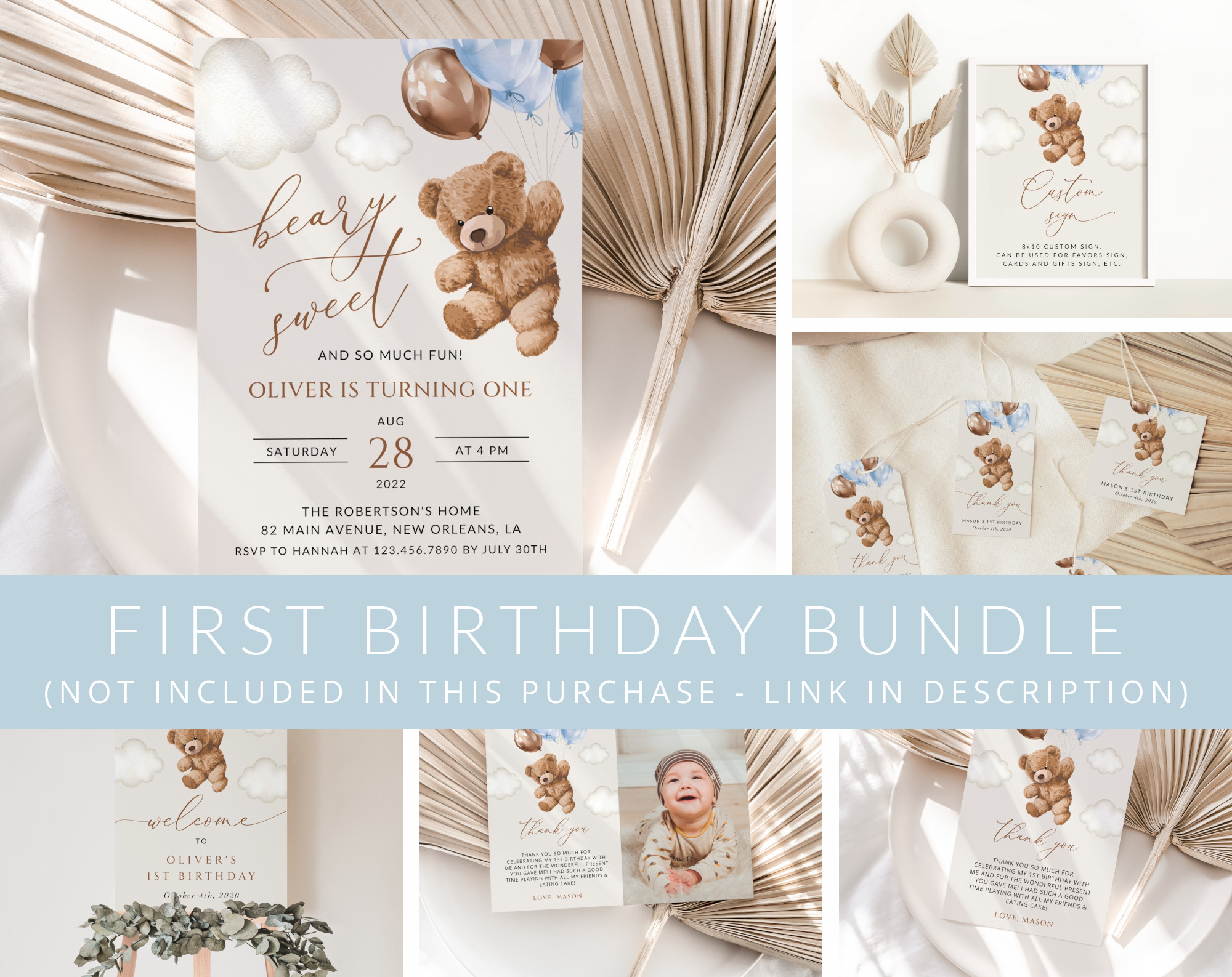 Teddy Bear with Blue Balloons First Birthday Mini Bundle, Boy Birthday, Printable File, Edit Yourself, SH70 Teddy Bear with Blue Balloons First Birthday Mini Bundle, Boy Birthday, Printable File, Edit Yourself, SH70