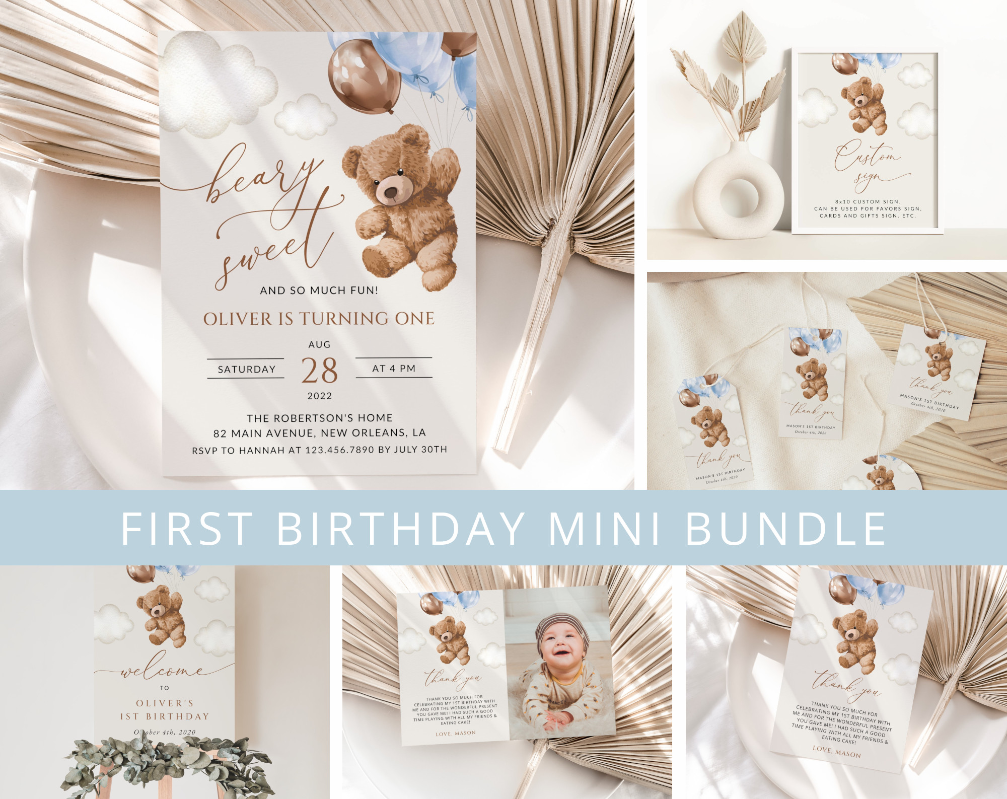 Teddy Bear with Blue Balloons First Birthday Mini Bundle, Boy Birthday, Printable File, Edit Yourself, SH70