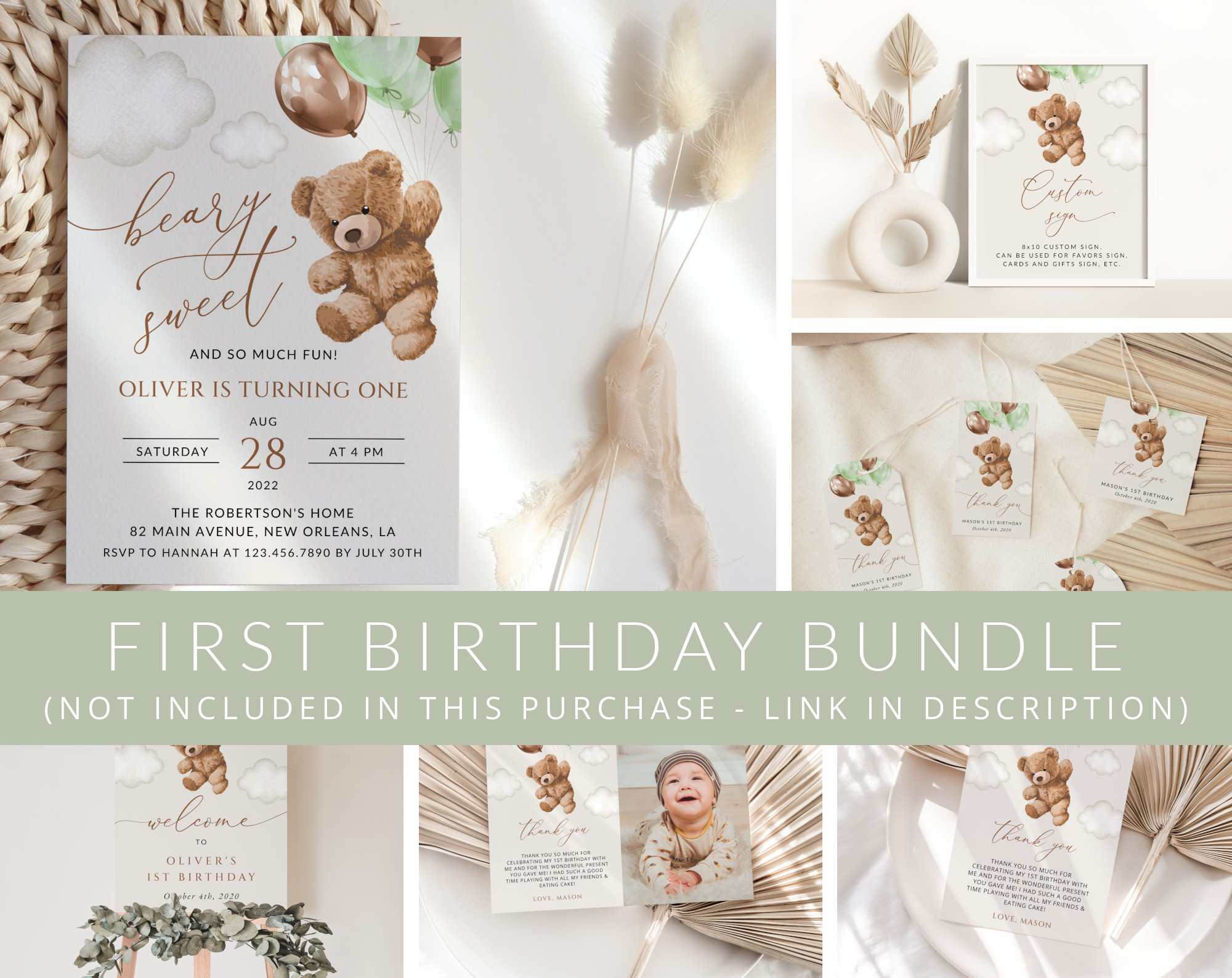 Teddy Bear with Green Balloons First Birthday Mini Bundle, Boy Birthday, Printable File, Edit Yourself, SH71