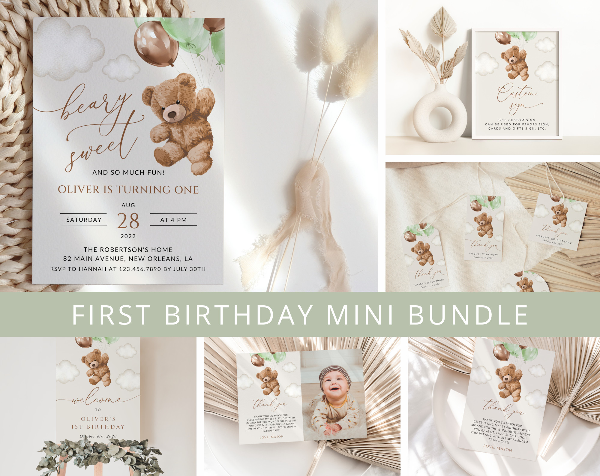 Teddy Bear with Green Balloons First Birthday Mini Bundle, Boy Birthday, Printable File, Edit Yourself, SH71