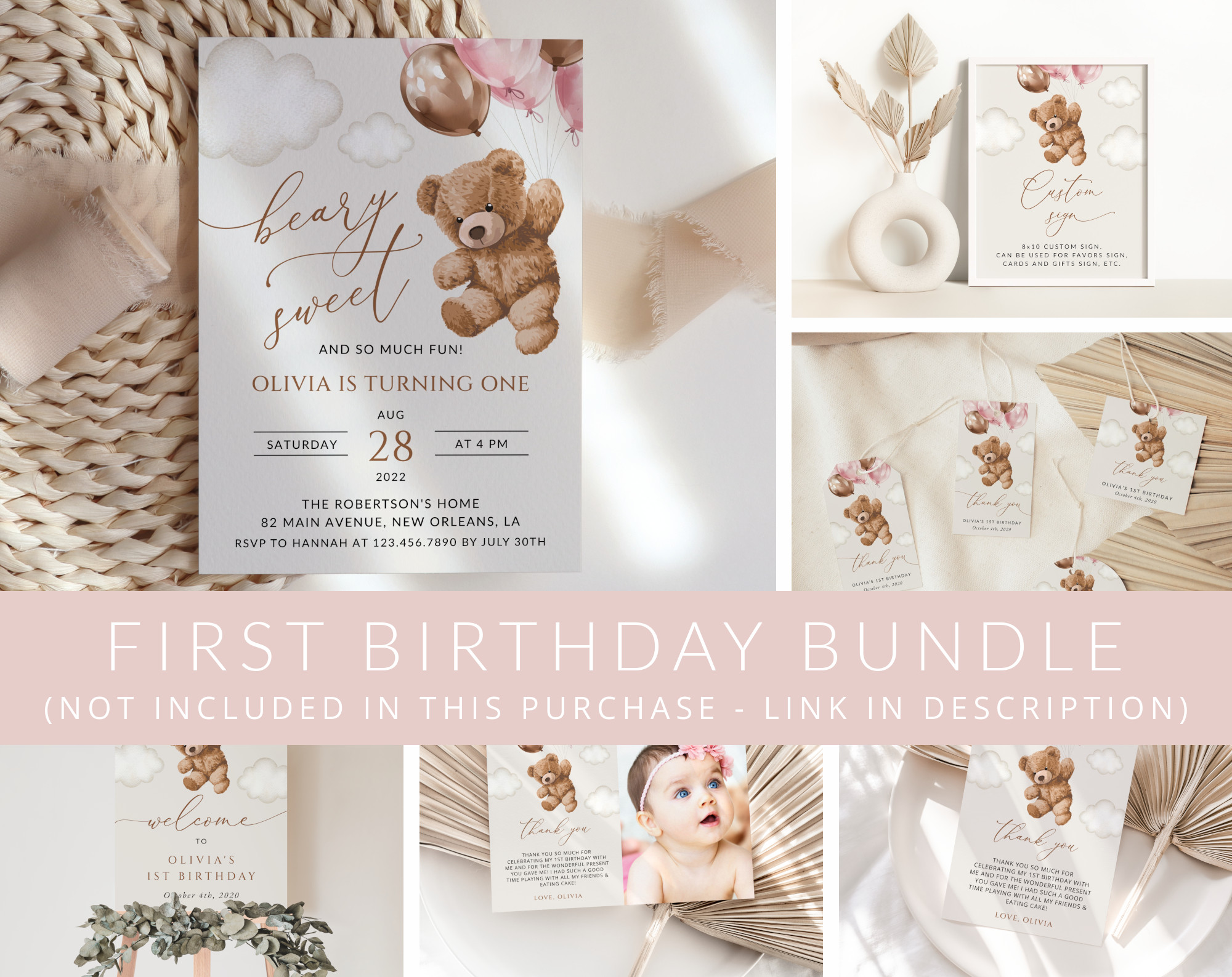 Teddy Bear with Pink Balloons First Birthday Mini Bundle, Girl Birthday, Printable File, Edit Yourself, SH72 Teddy Bear with Pink Balloons First Birthday Mini Bundle, Girl Birthday, Printable File, Edit Yourself, SH72