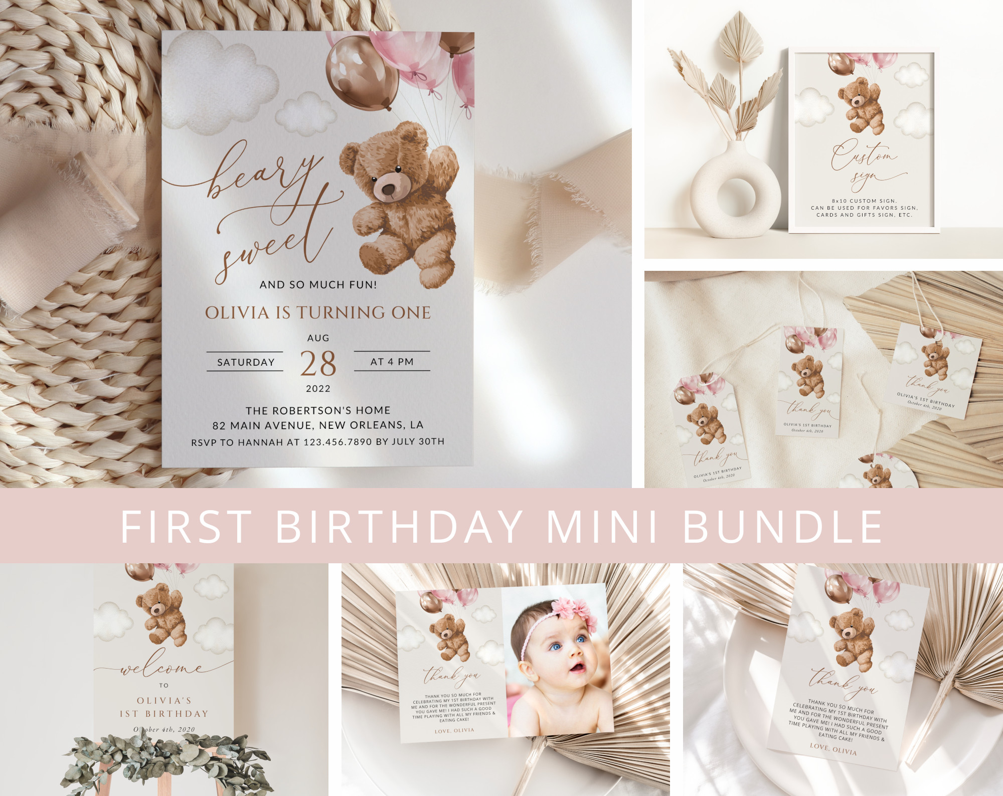 Teddy Bear with Pink Balloons First Birthday Mini Bundle, Girl Birthday, Printable File, Edit Yourself, SH72