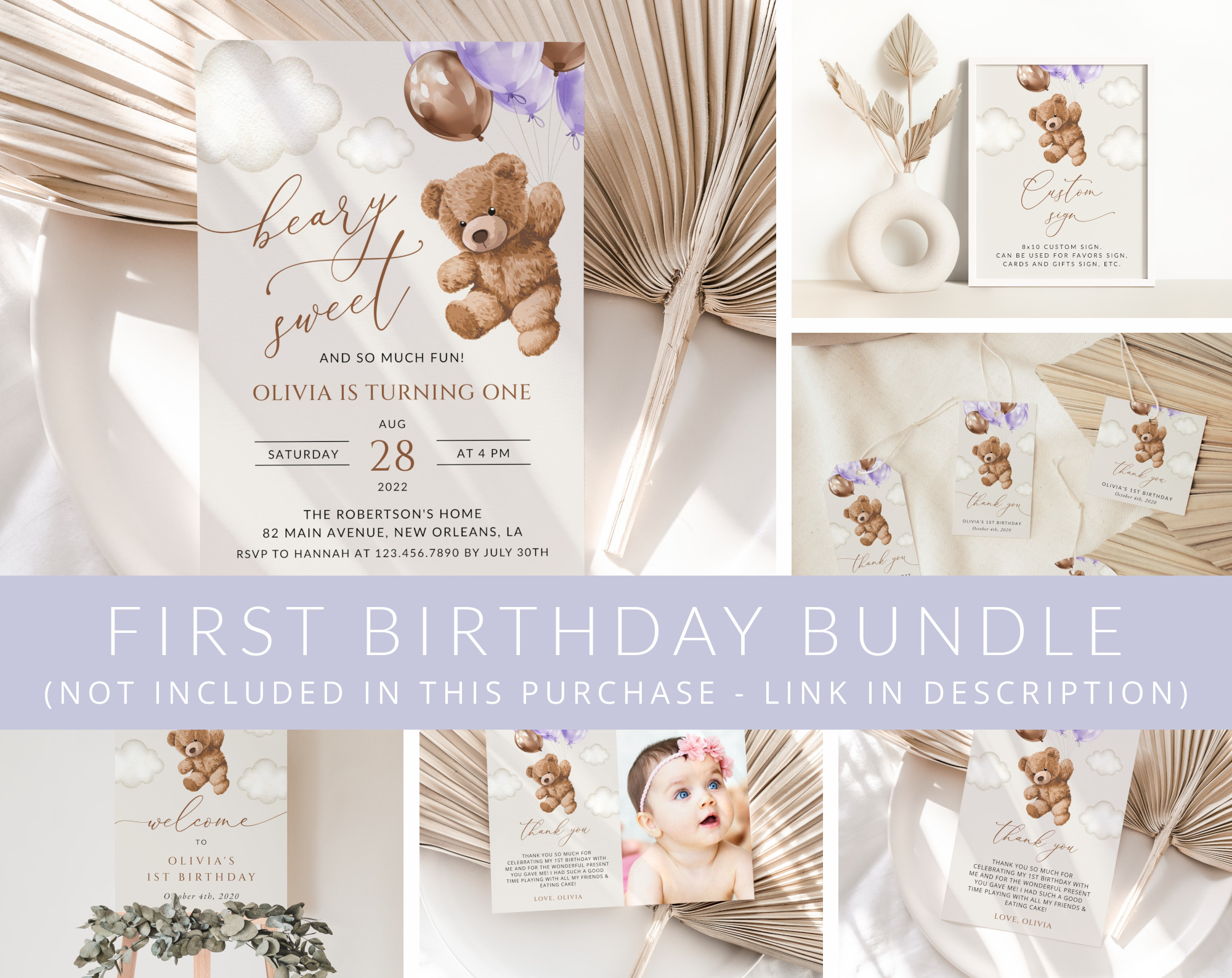 Teddy Bear with Purple Balloons First Birthday Mini Bundle, Girl Birthday, Printable File, Edit Yourself, SH73