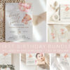Baby Bear with Pink Balloons First Birthday Mini Bundle, Girl Birthday, Printable File, Edit Yourself, SH74