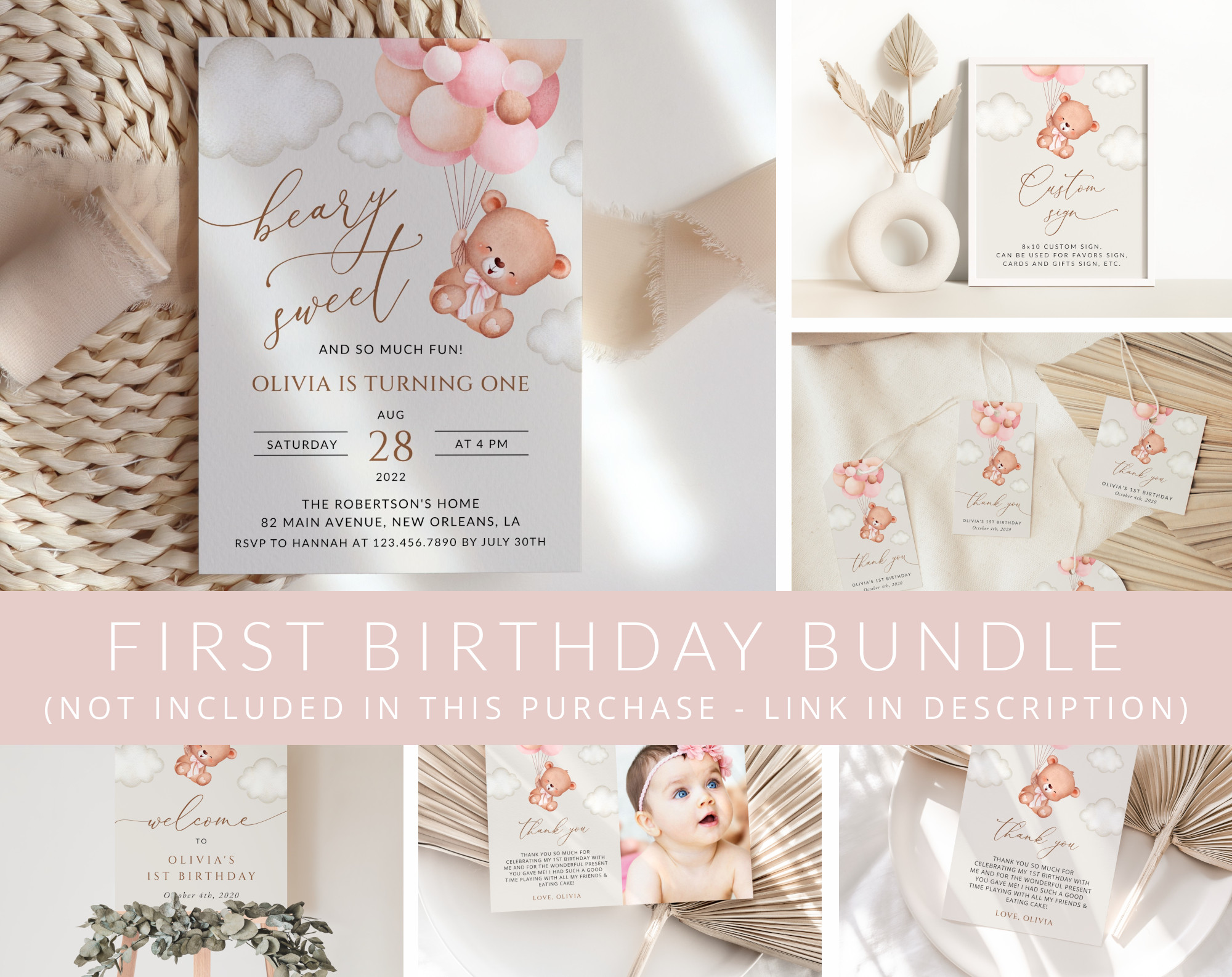 Baby Bear with Pink Balloons First Birthday Mini Bundle, Girl Birthday, Printable File, Edit Yourself, SH74