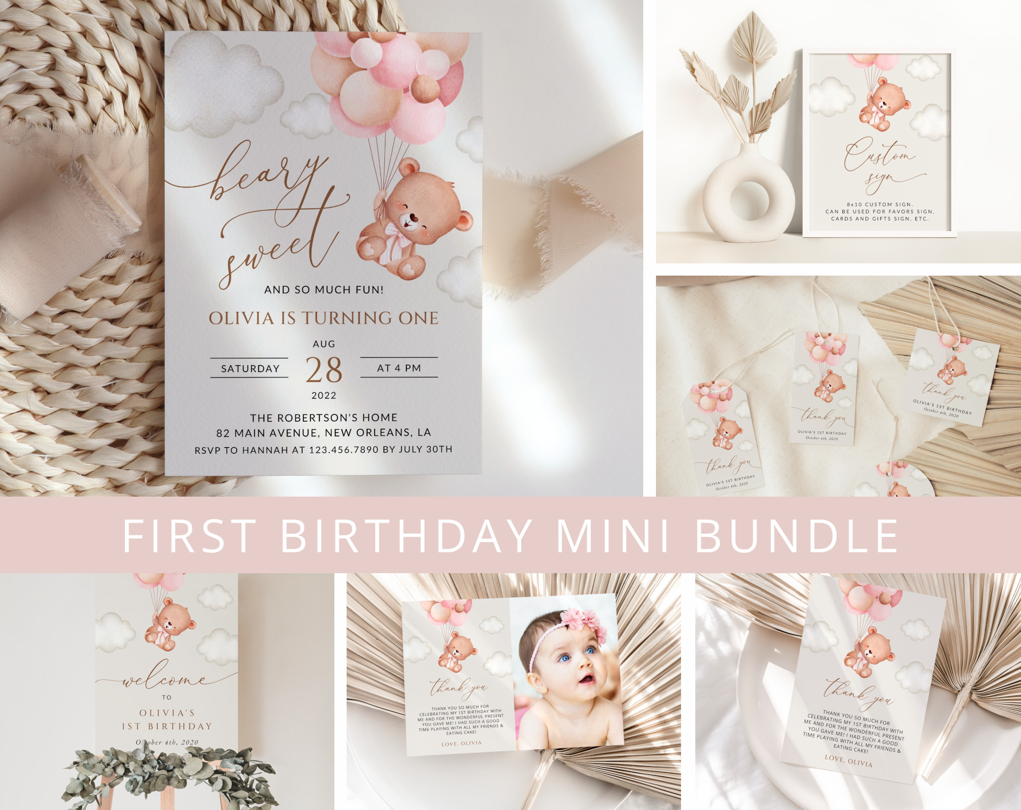 Baby Bear with Pink Balloons First Birthday Mini Bundle, Girl Birthday, Printable File, Edit Yourself, SH74 Baby Bear with Pink Balloons First Birthday Mini Bundle, Girl Birthday, Printable File, Edit Yourself, SH74