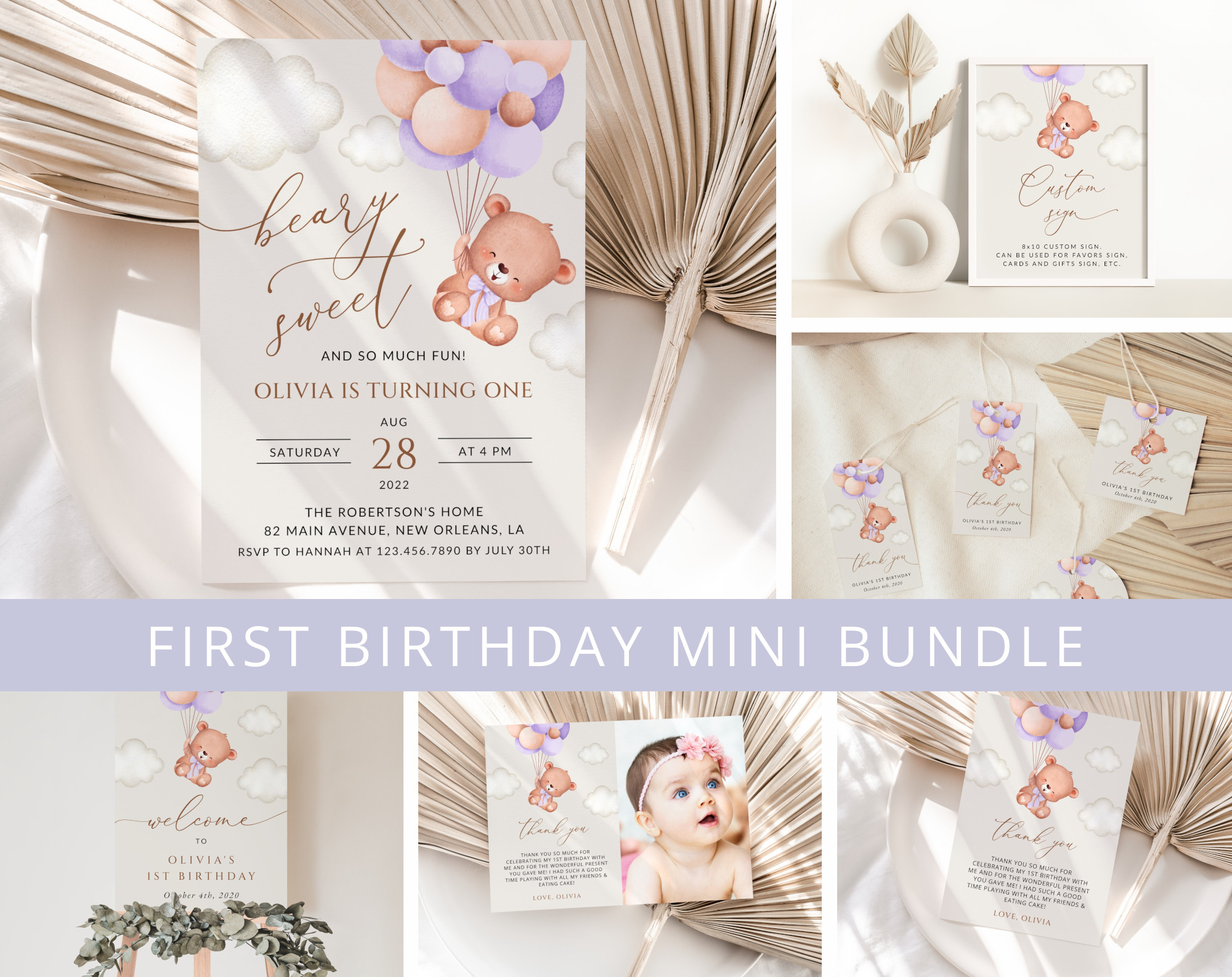 Baby Bear with Purple Balloons First Birthday Mini Bundle, Girl Birthday, Printable File, Edit Yourself, SH75 Baby Bear with Purple Balloons First Birthday Mini Bundle, Girl Birthday, Printable File, Edit Yourself, SH75