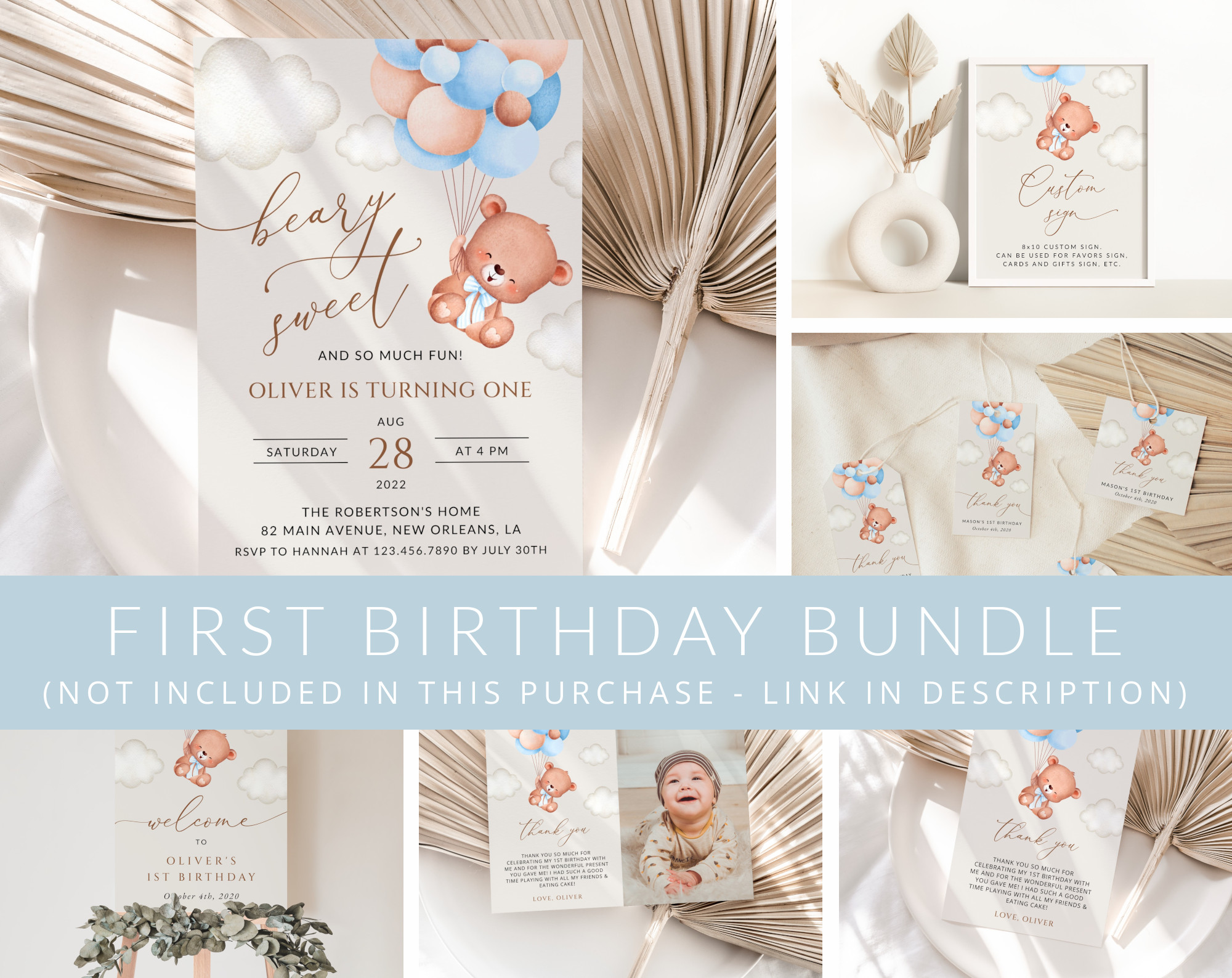 Baby Bear with Blue Balloons First Birthday Mini Bundle, Boy Birthday, Printable File, Edit Yourself, SH76