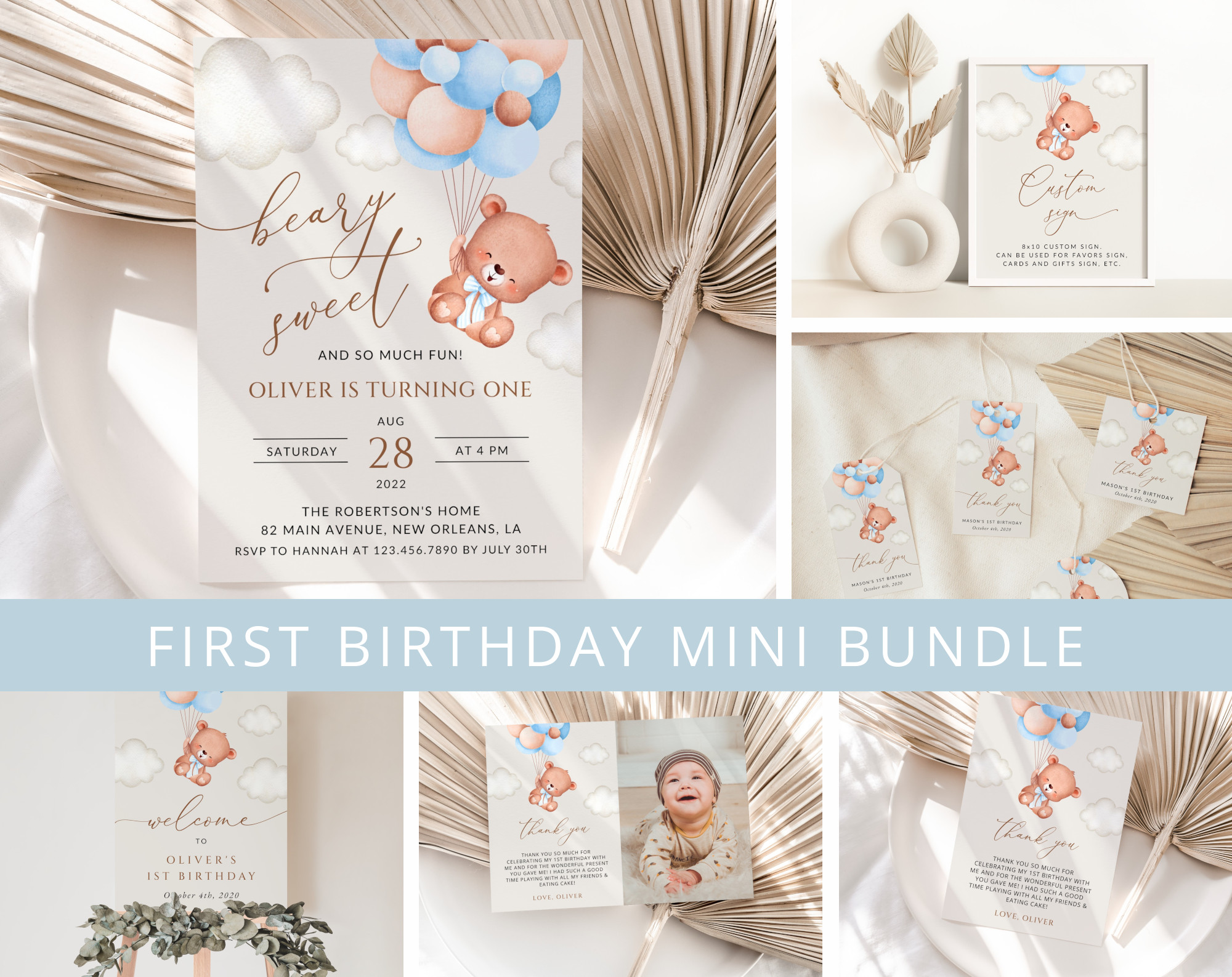 Baby Bear with Blue Balloons First Birthday Mini Bundle, Boy Birthday, Printable File, Edit Yourself, SH76 Baby Bear with Blue Balloons First Birthday Mini Bundle, Boy Birthday, Printable File, Edit Yourself, SH76