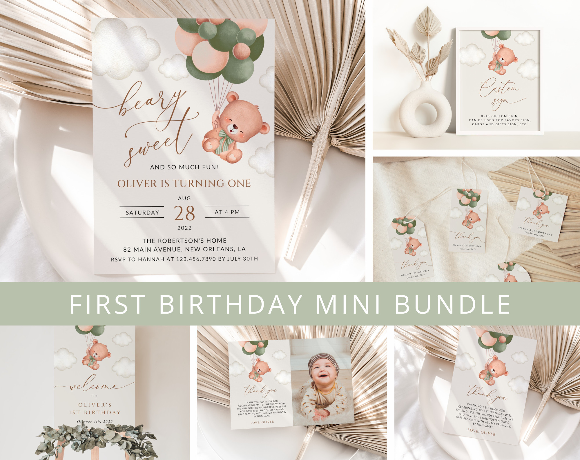 Baby Bear with Green Balloons First Birthday Mini Bundle, Boy Birthday, Printable File, Edit Yourself, SH77 Baby Bear with Green Balloons First Birthday Mini Bundle, Boy Birthday, Printable File, Edit Yourself, SH77