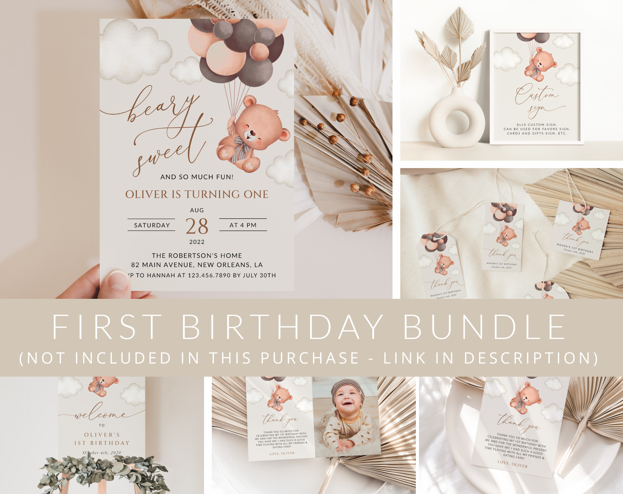 Baby Bear with Brown Balloons First Birthday Mini Bundle, Boy Birthday, Printable File, Edit Yourself, SH78