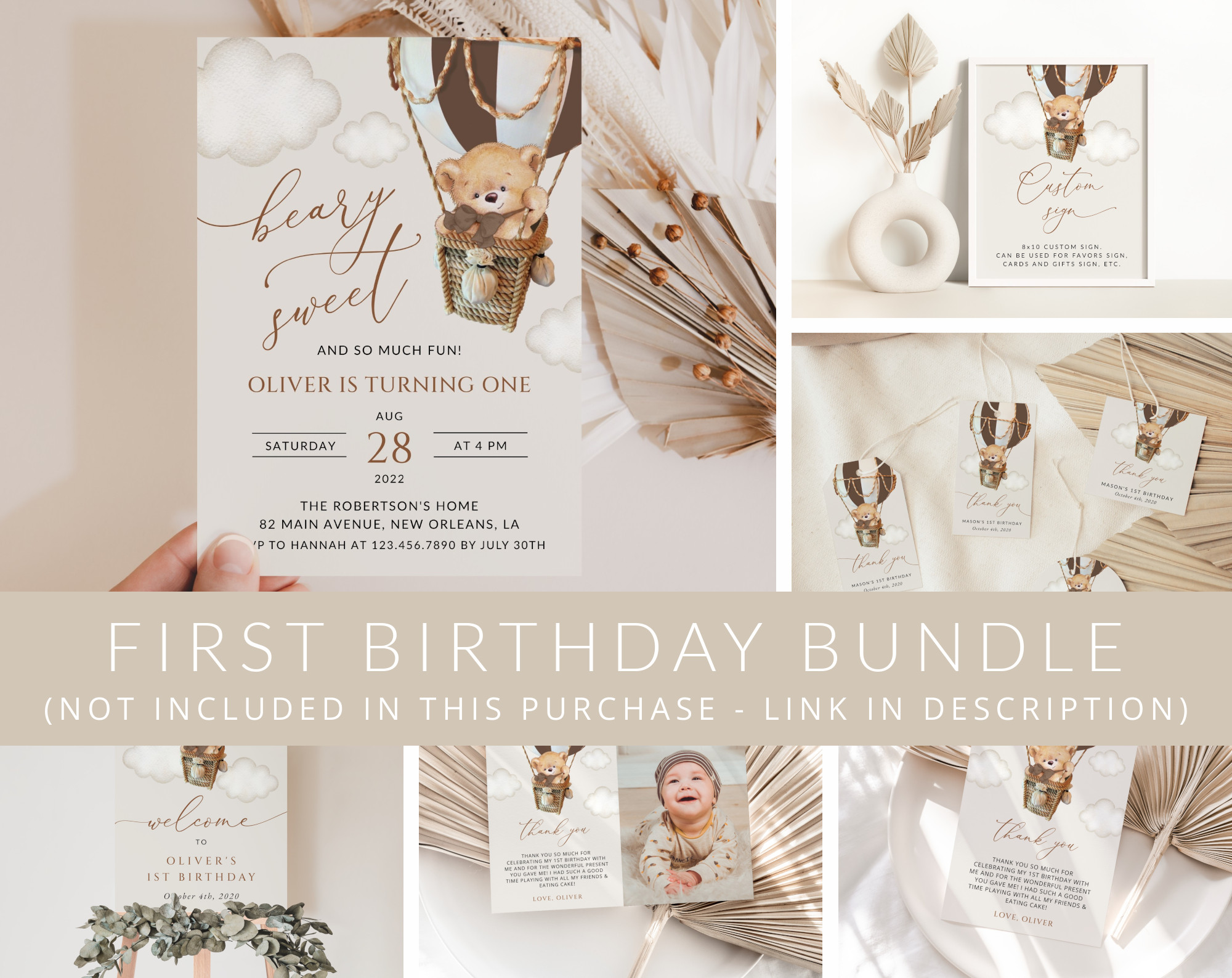 Bear in Brown Balloon First Birthday Mini Bundle, Boy Birthday, Printable File, Edit Yourself, SH79