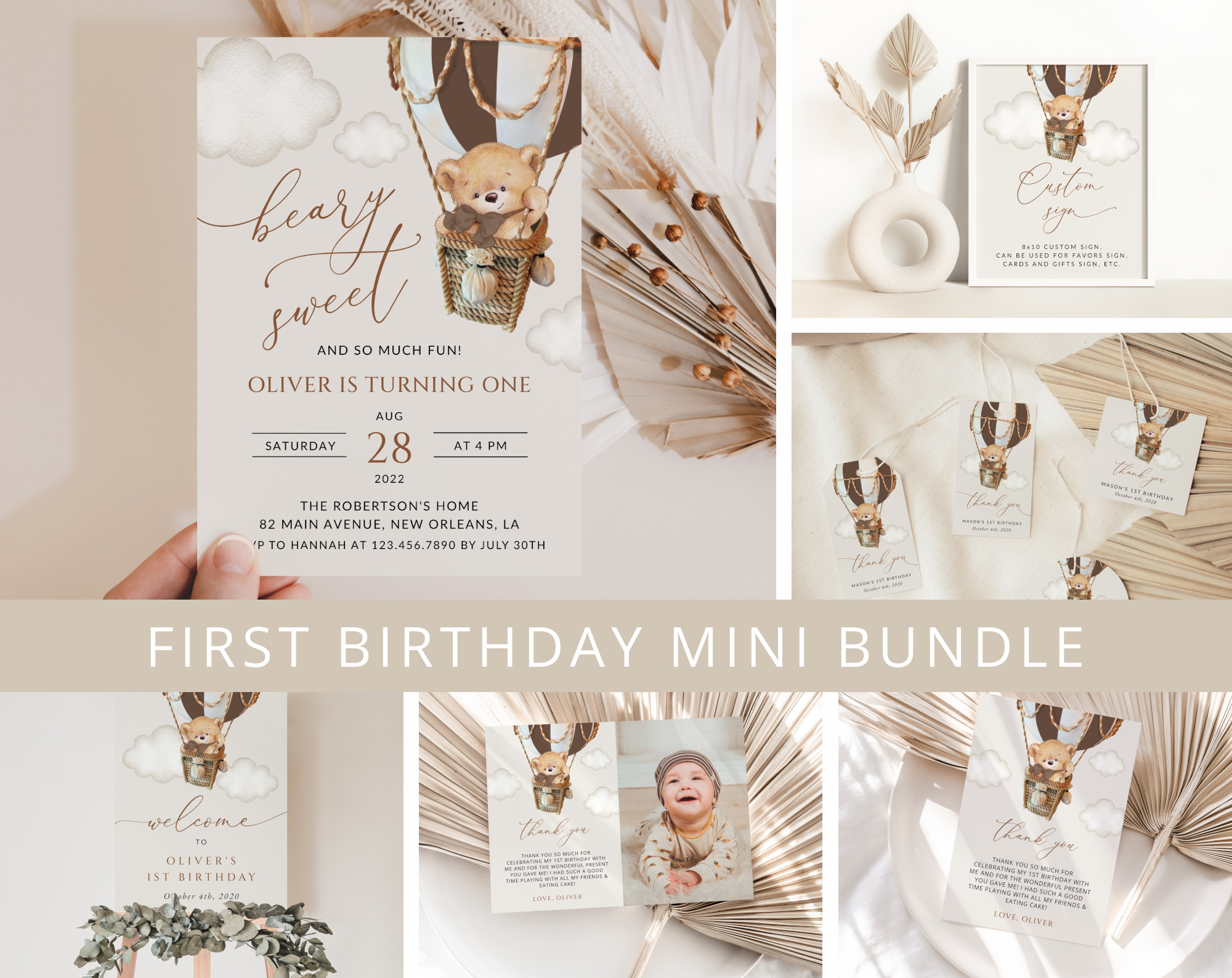 Bear in Brown Balloon First Birthday Mini Bundle, Boy Birthday, Printable File, Edit Yourself, SH79