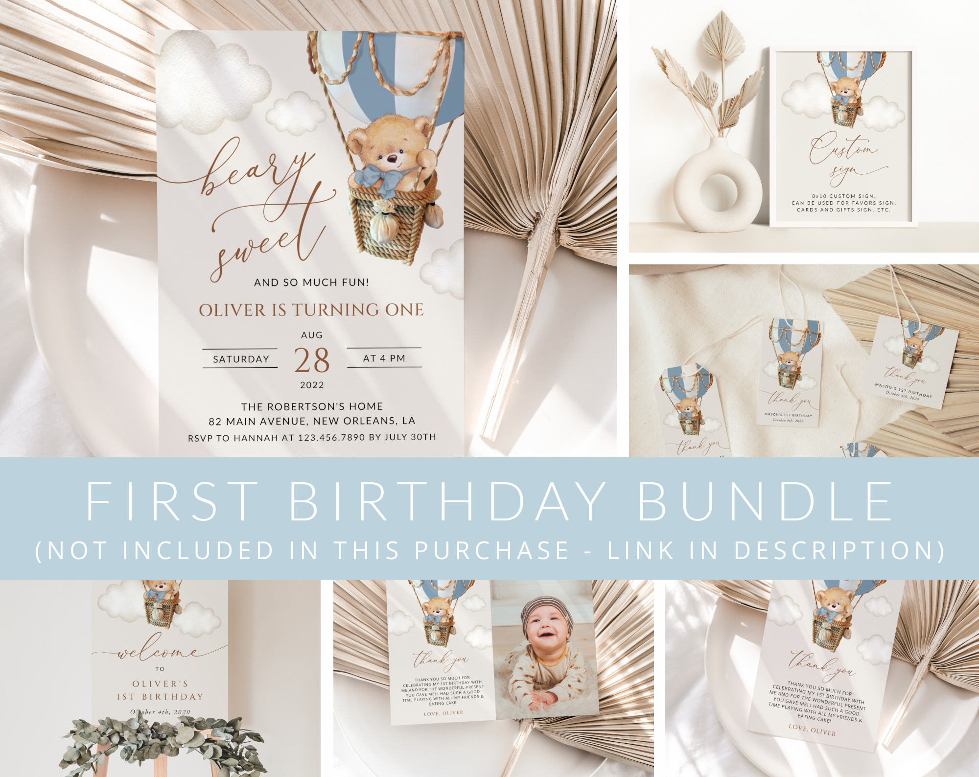 Bear in Blue Balloon First Birthday Mini Bundle, Boy Birthday, Printable File, Edit Yourself, SH80