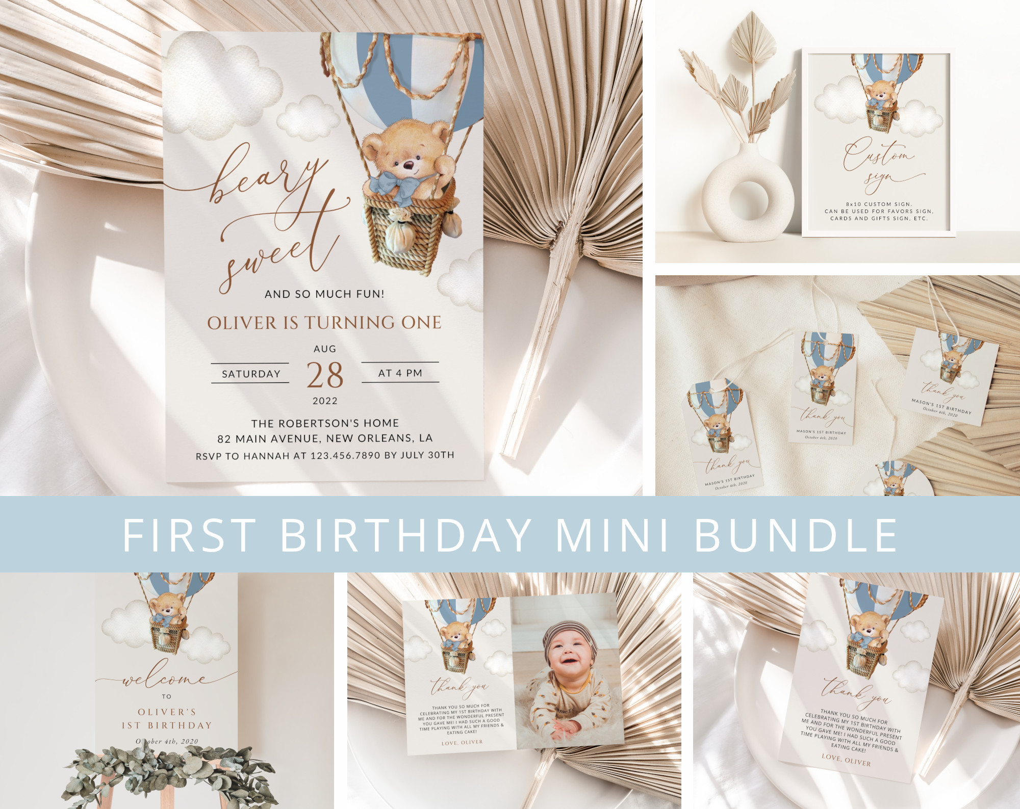 Bear in Blue Balloon First Birthday Mini Bundle, Boy Birthday, Printable File, Edit Yourself, SH80