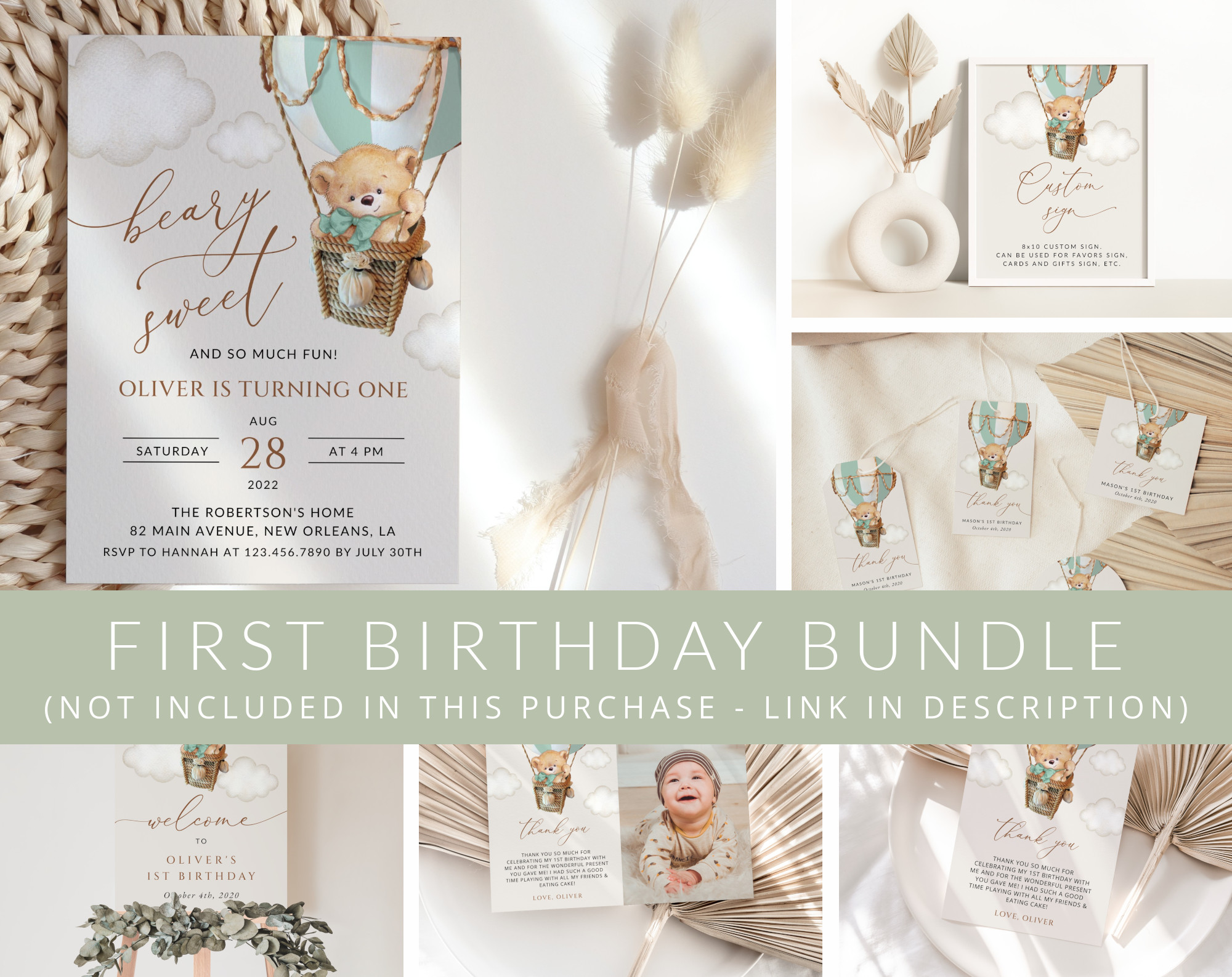 Bear in Green Balloon First Birthday Mini Bundle, Boy Birthday, Printable File, Edit Yourself, SH81