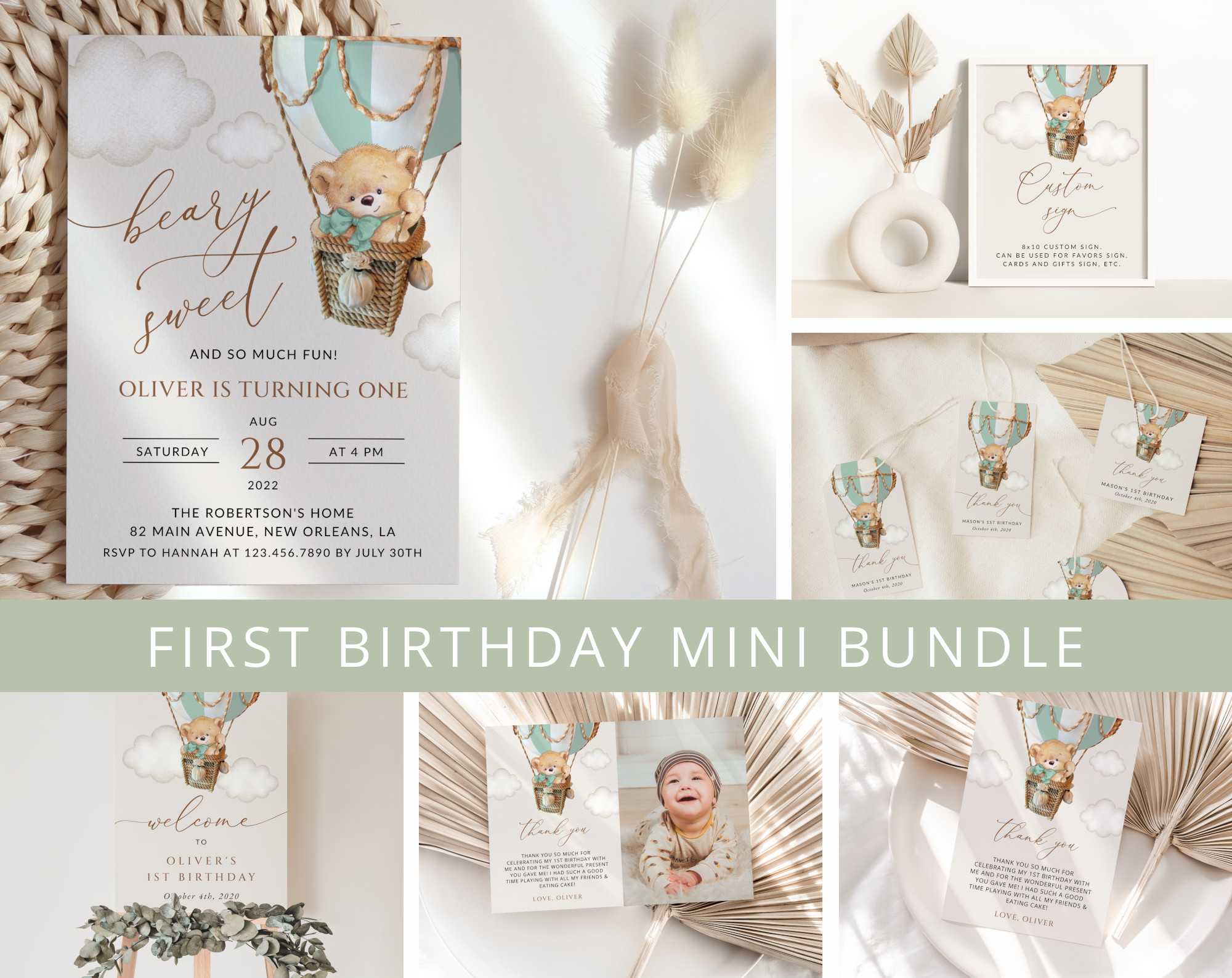 Bear in Green Balloon First Birthday Mini Bundle, Boy Birthday, Printable File, Edit Yourself, SH81