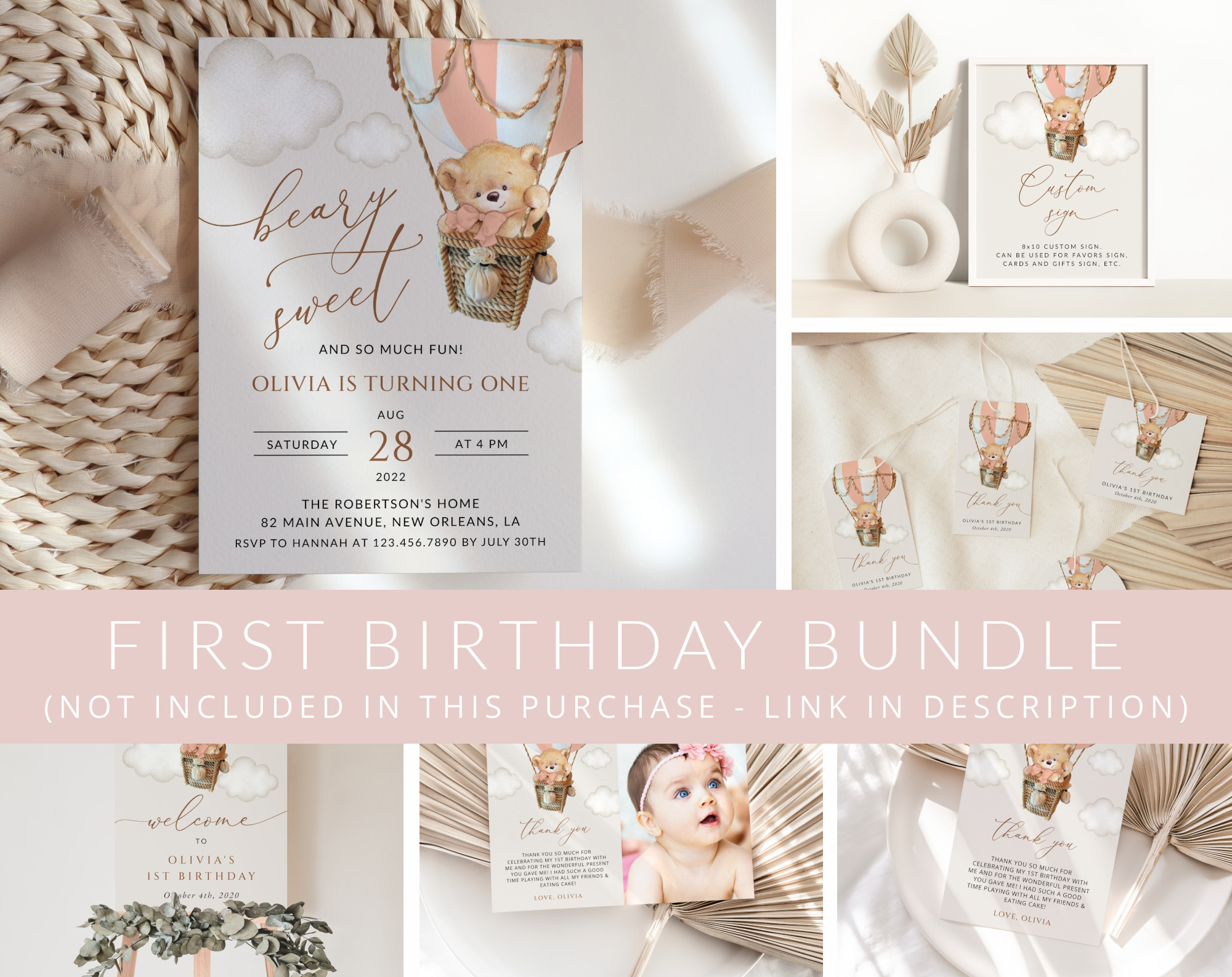 Bear in Pink Balloon First Birthday Mini Bundle, Girl Birthday, Printable File, Edit Yourself, SH82