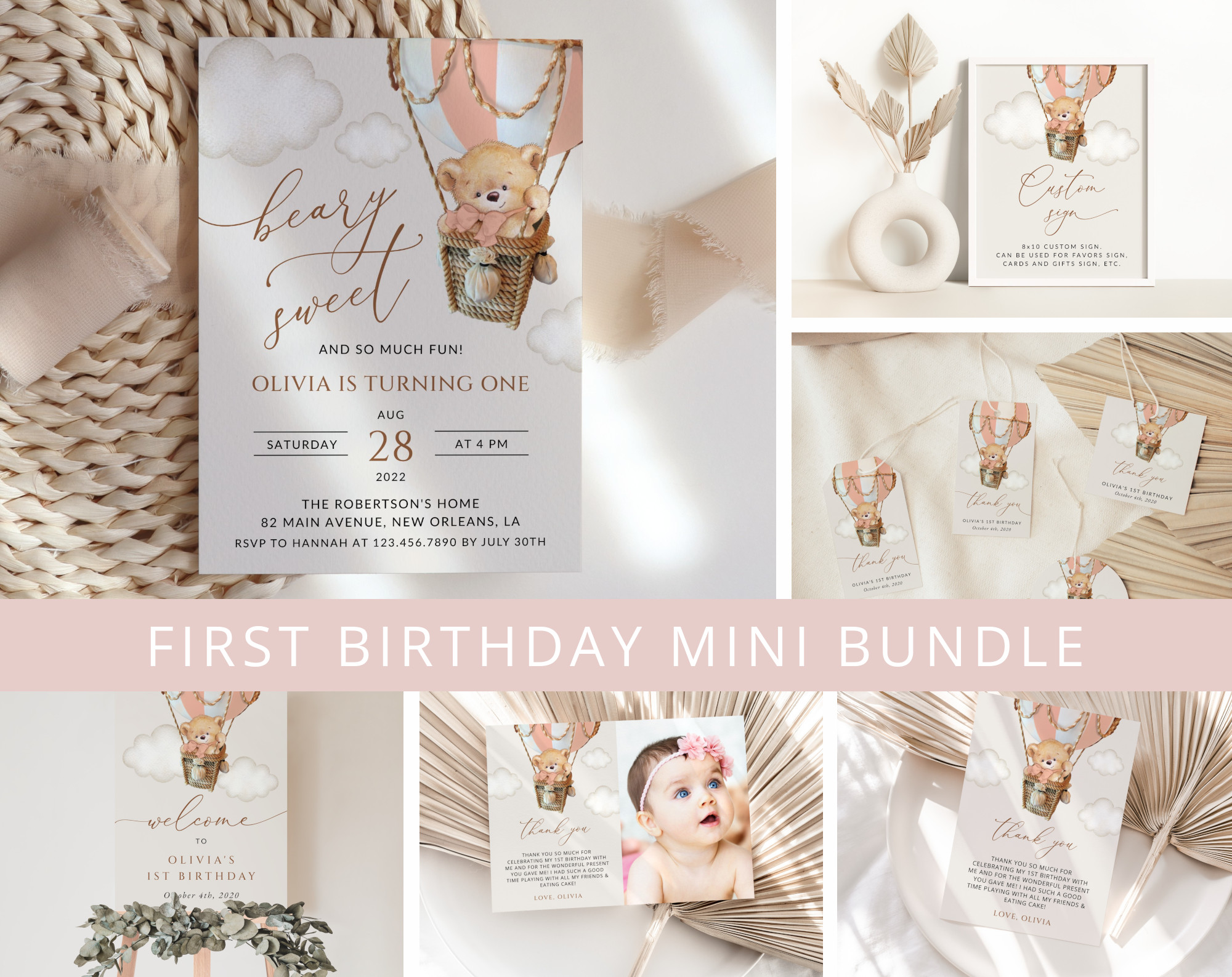 Bear in Pink Balloon First Birthday Mini Bundle, Girl Birthday, Printable File, Edit Yourself, SH82