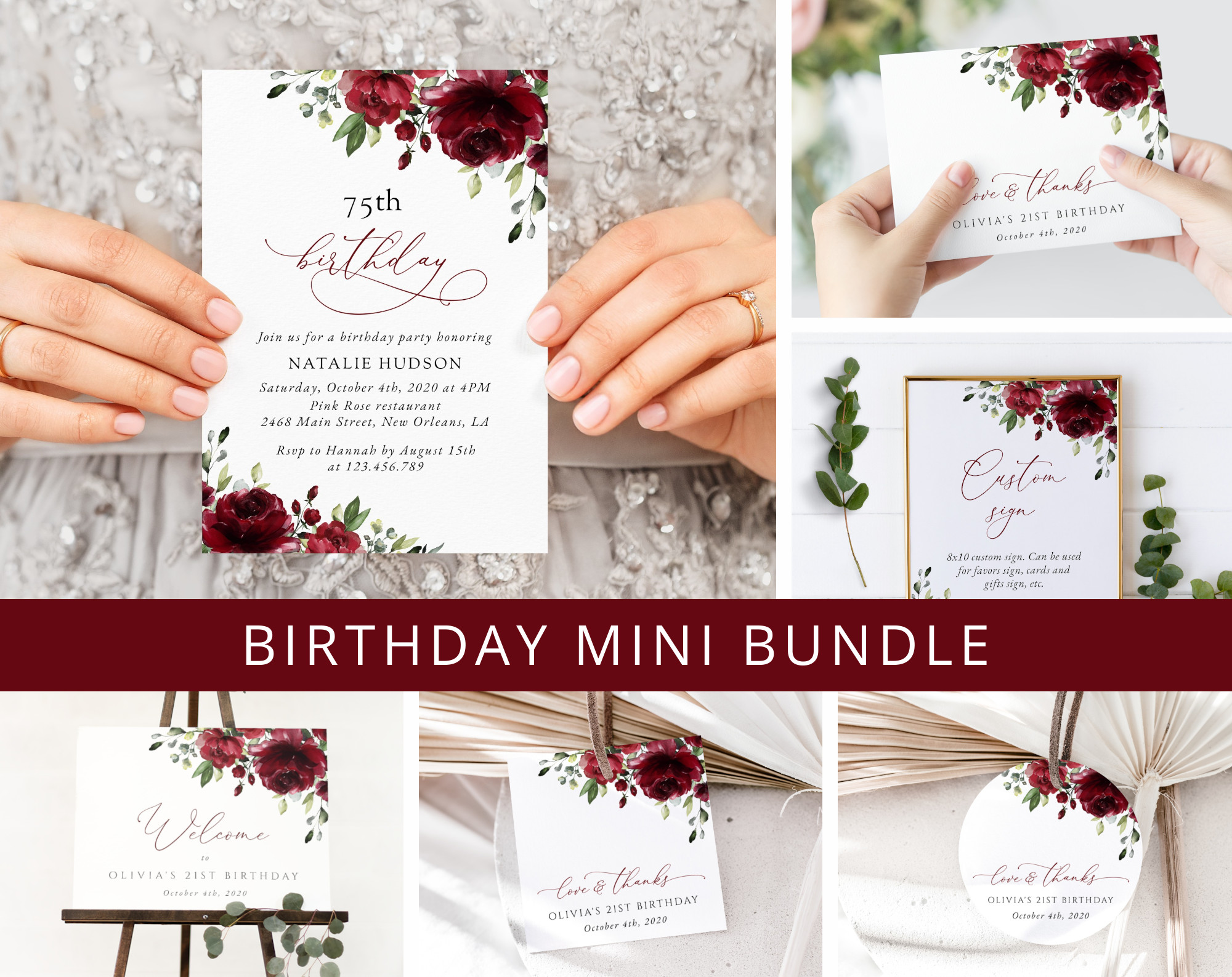Burgundy Flowers Birthday Mini Bundle, Girl Birthday, Any Birthday, Printable File, Edit Yourself, SH83