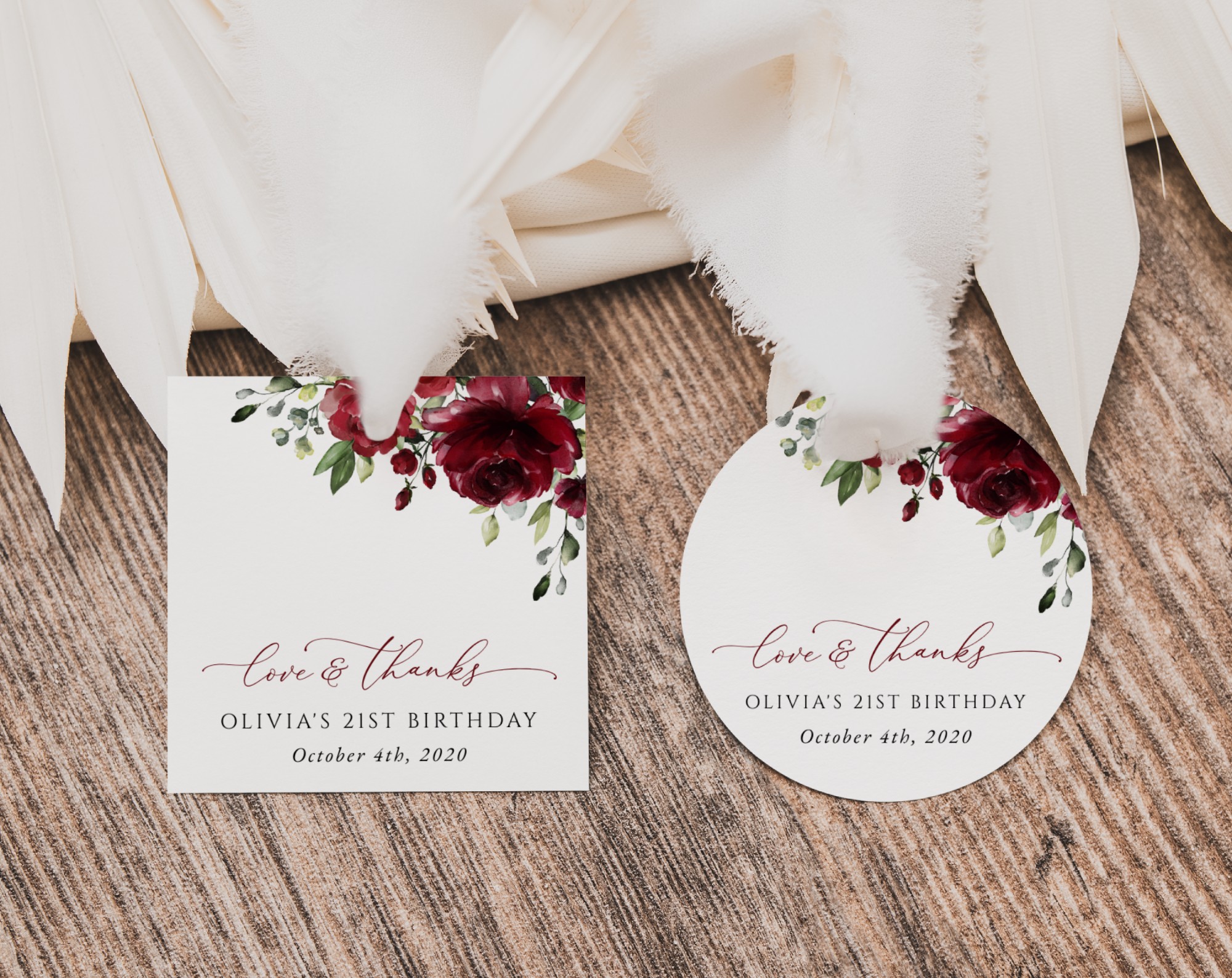 Burgundy Flowers Favor Tags, Gift Tags, Girl Birthday, Printable File, Edit Yourself, SH83