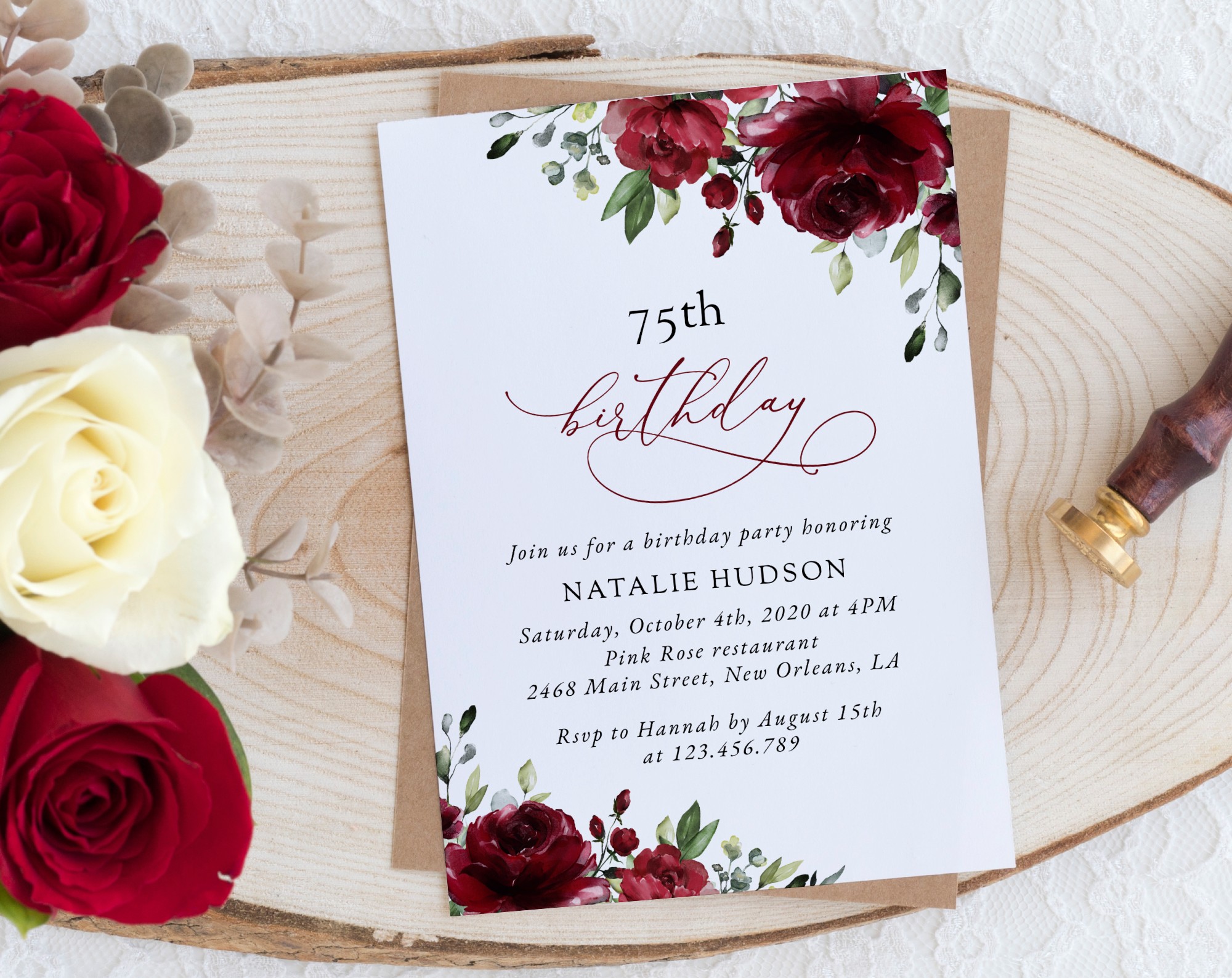 Burgundy Flowers Birthday Invitation, Girl Birthday, Any Birthday, Printable File, Edit Yourself, SH83