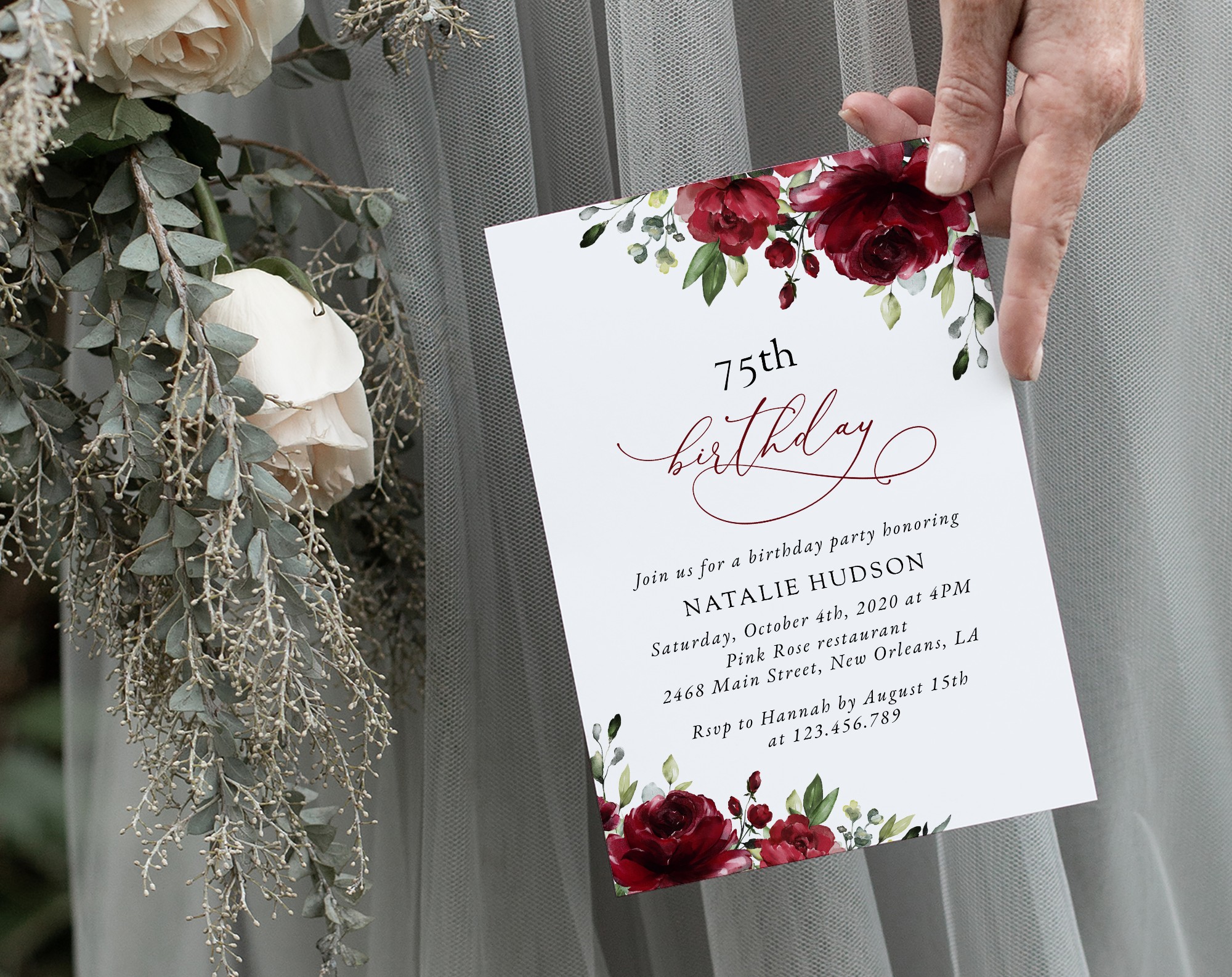 Burgundy Flowers Birthday Invitation, Girl Birthday, Any Birthday, Printable File, Edit Yourself, SH83