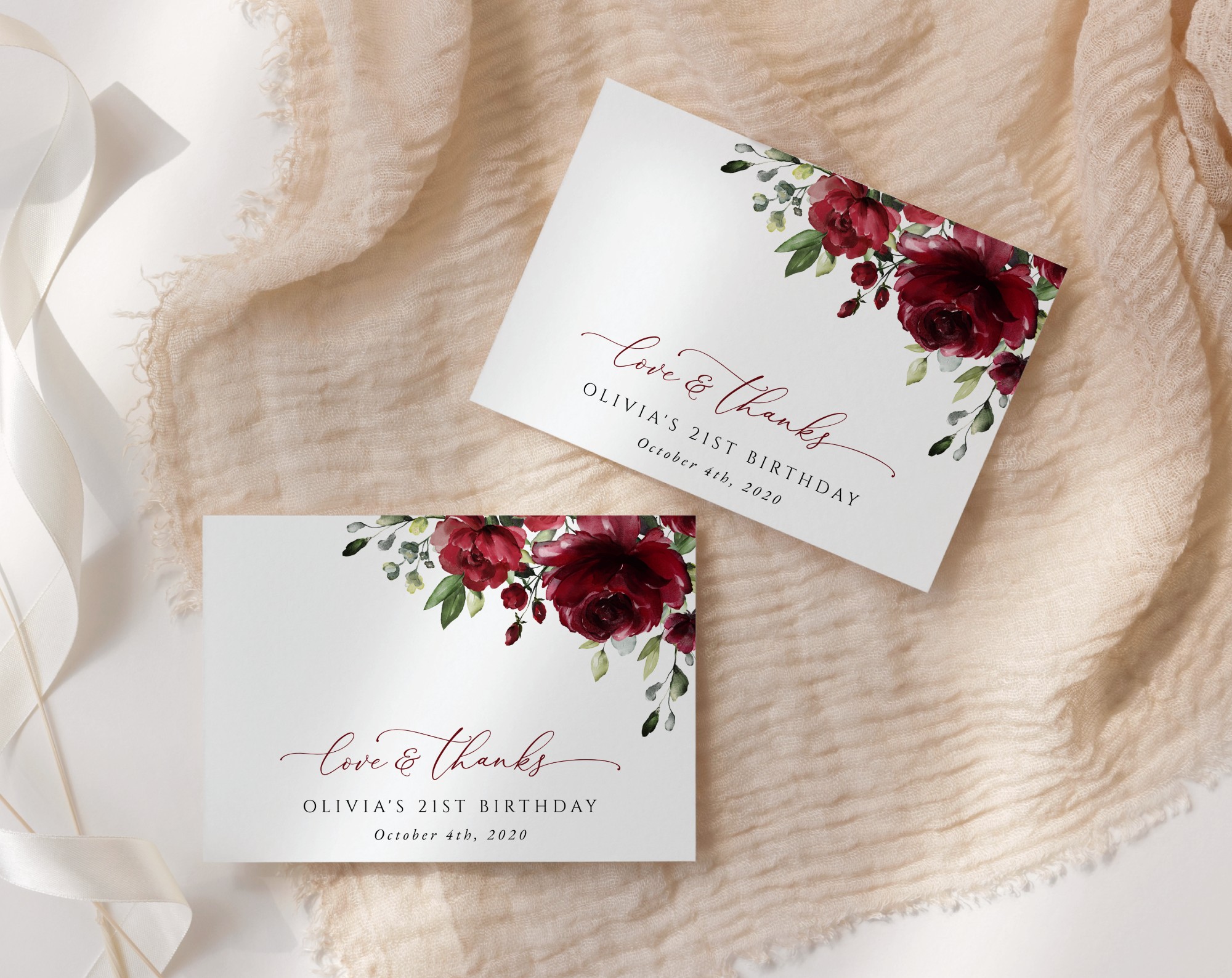 Burgundy Flowers Thank You Card, Girl Birthday, Printable File, Edit Yourself, SH83