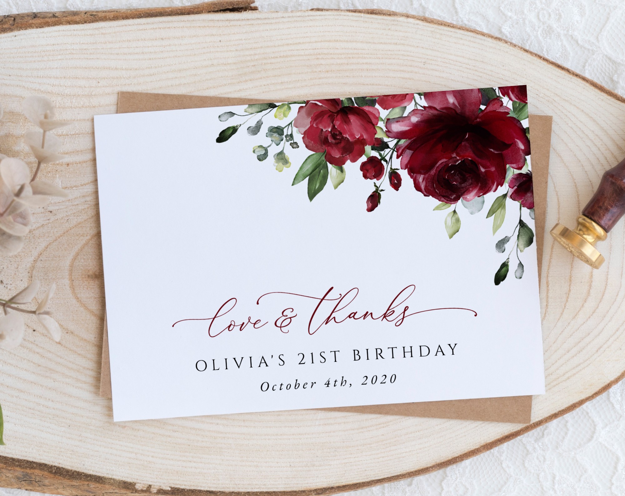 Burgundy Flowers Thank You Card, Girl Birthday, Printable File, Edit Yourself, SH83