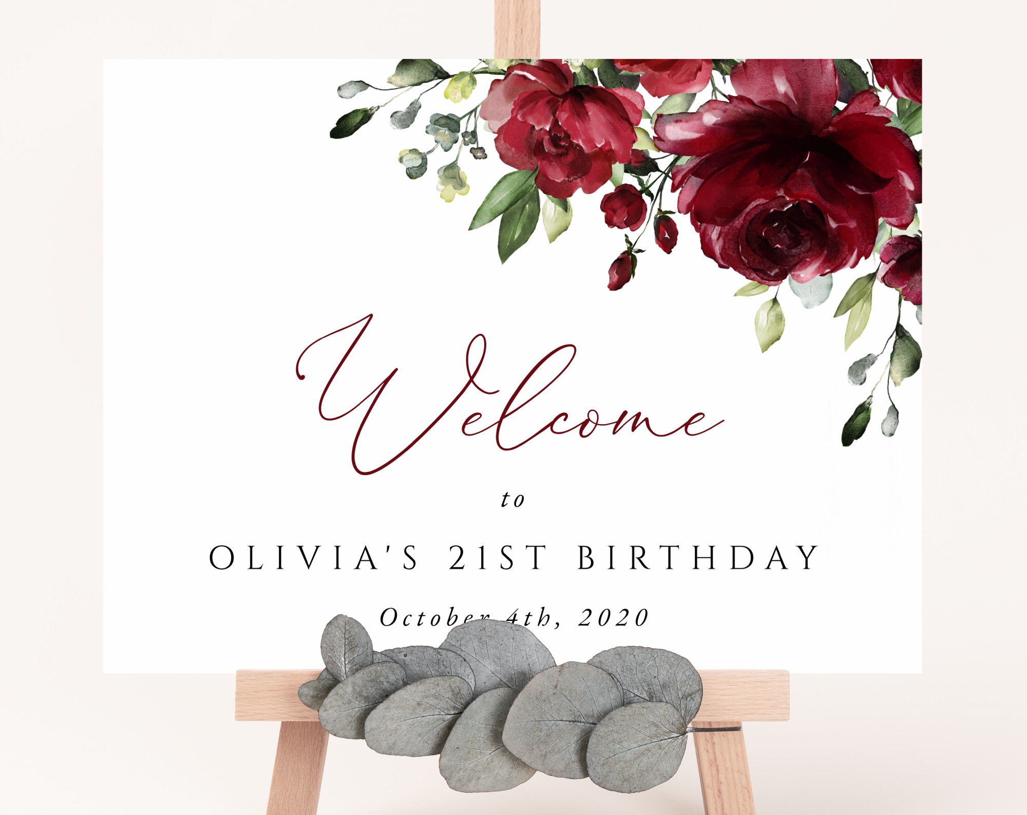 Burgundy Flowers Welcome Sign, Birthday Sign, Girl Birthday, Printable File, Edit Yourself, SH83