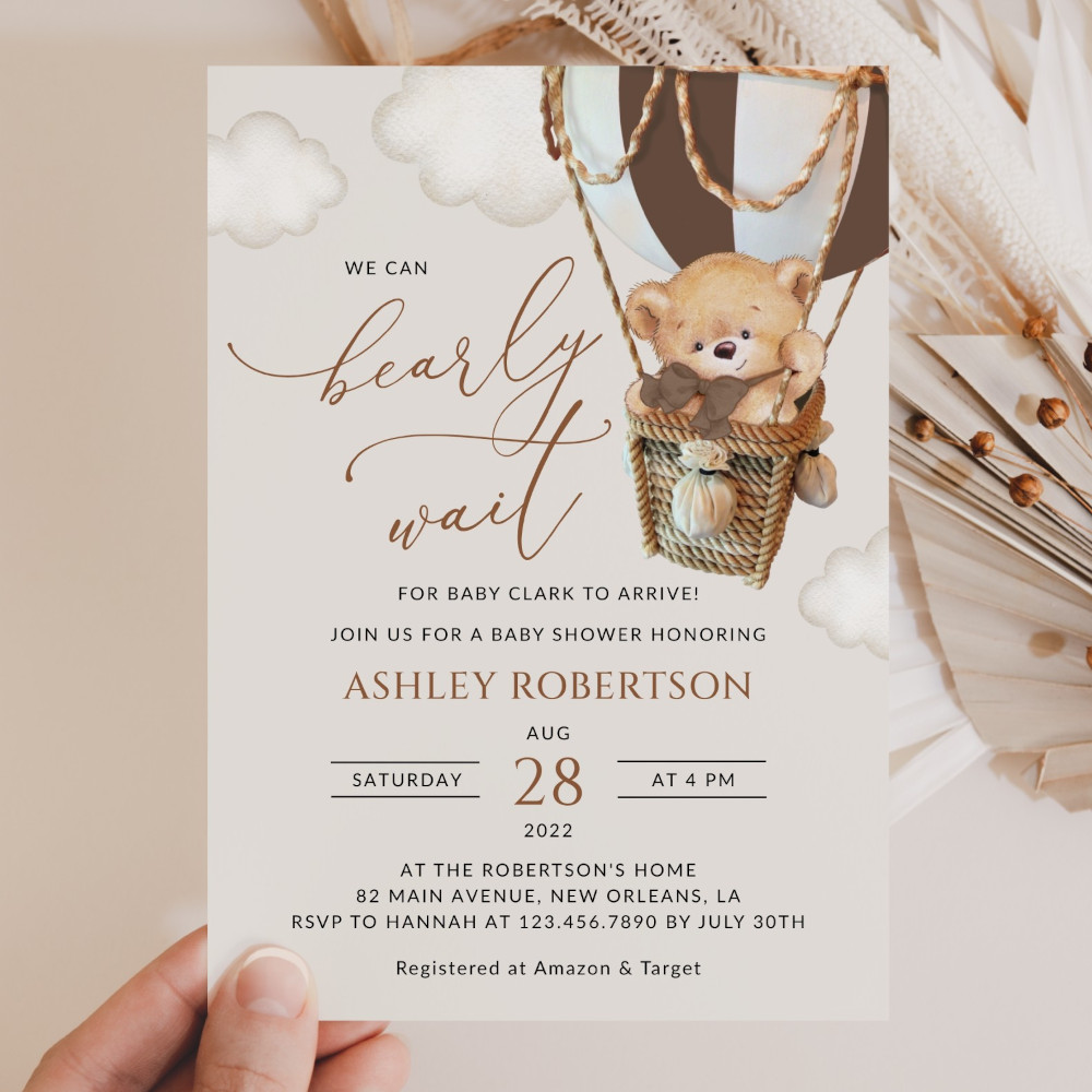 Bear in Brown Balloon Baby Shower Invitation, Gender Neutral Baby Shower, Printable File, Edit Yourself, SH19