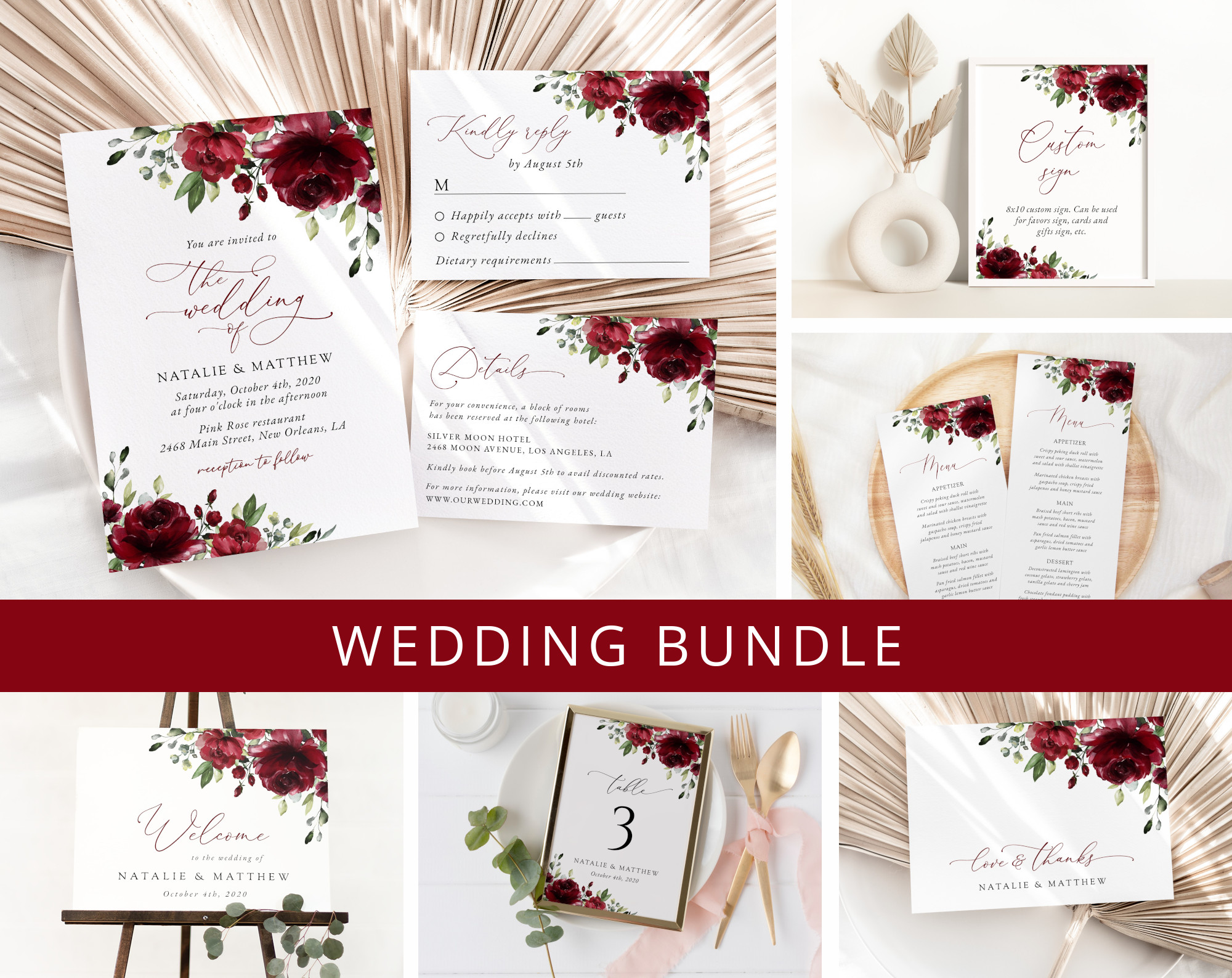 Burgundy Flowers Wedding Bundle, Printable File, Edit Yourself, SH02