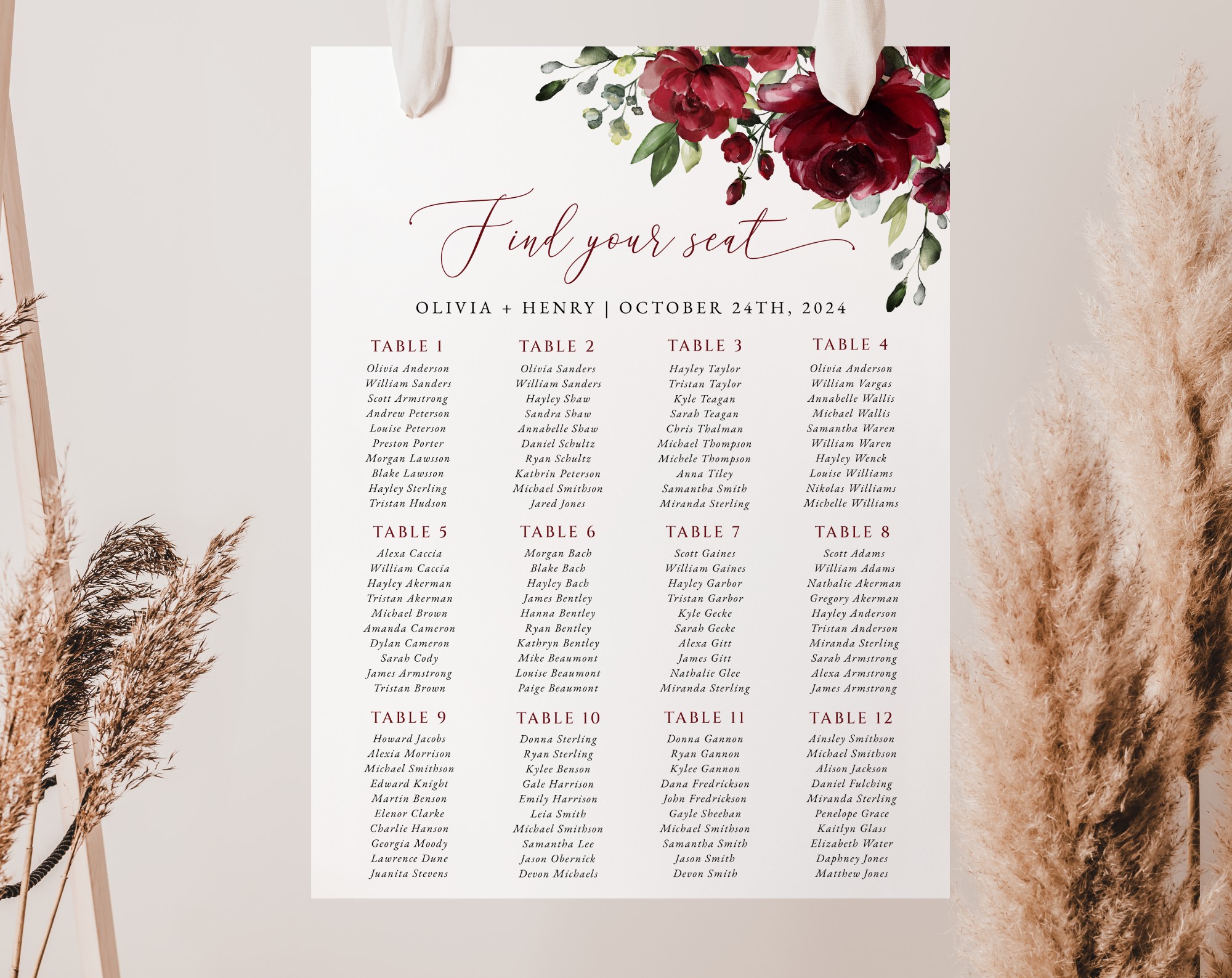 Burgundy Flowers Seating Chart, Wedding Sign, Printable File, Edit Yourself, SH02