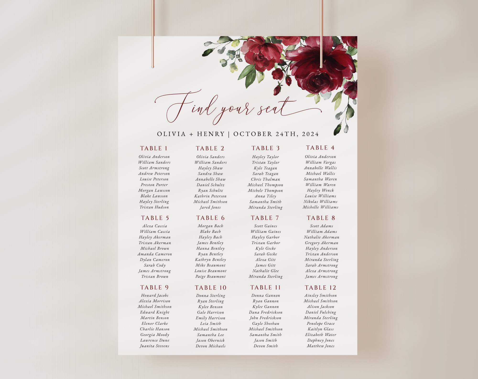 Burgundy Flowers Seating Chart, Wedding Sign, Printable File, Edit Yourself, SH02