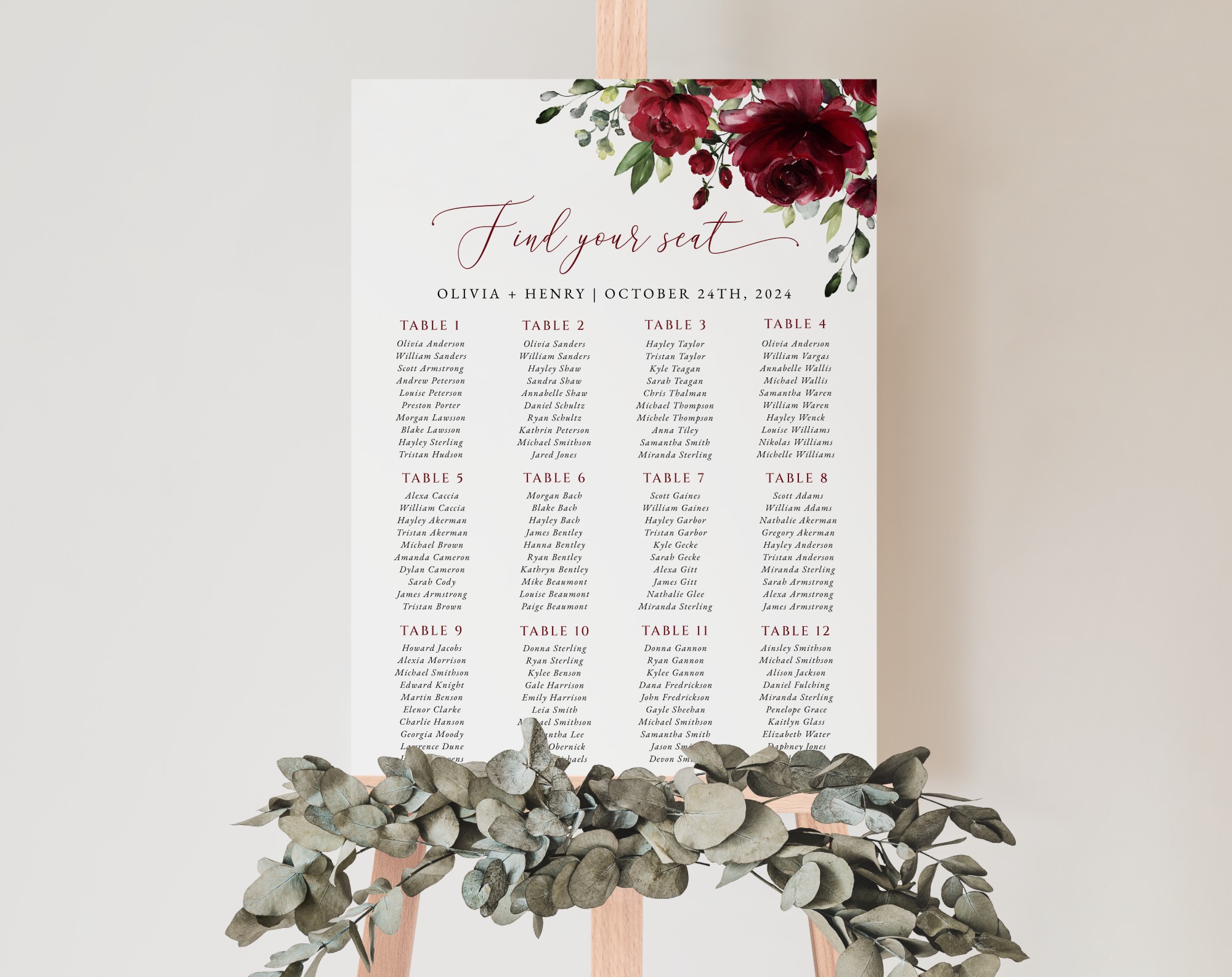 Burgundy Flowers Seating Chart, Wedding Sign, Printable File, Edit Yourself, SH02