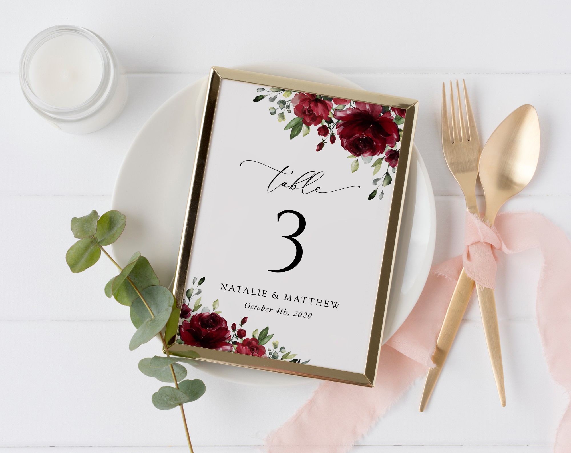 Burgundy Flowers Table Number Sign, Wedding Sign, Printable File, Edit Yourself, SH02
