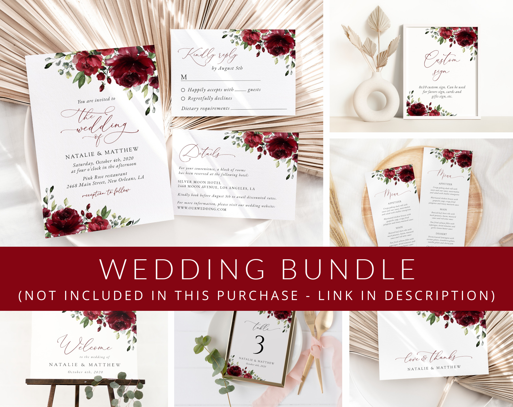 Burgundy Flowers Wedding Bundle, Printable File, Edit Yourself, SH02 Burgundy Flowers Wedding Bundle, Printable File, Edit Yourself, SH02