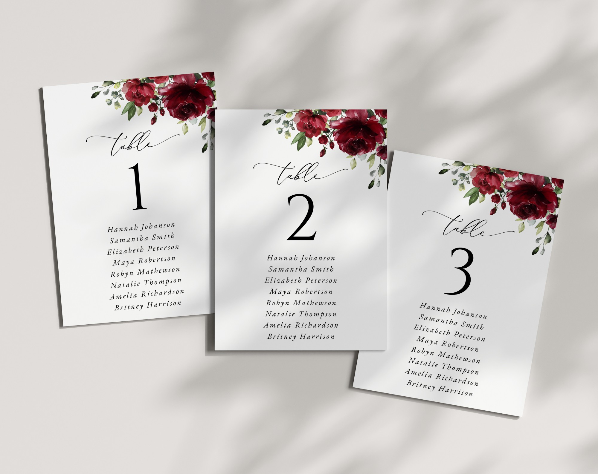 Burgundy Flowers Seating Cards, Wedding Stationery, Printable File, Edit Yourself, SH02