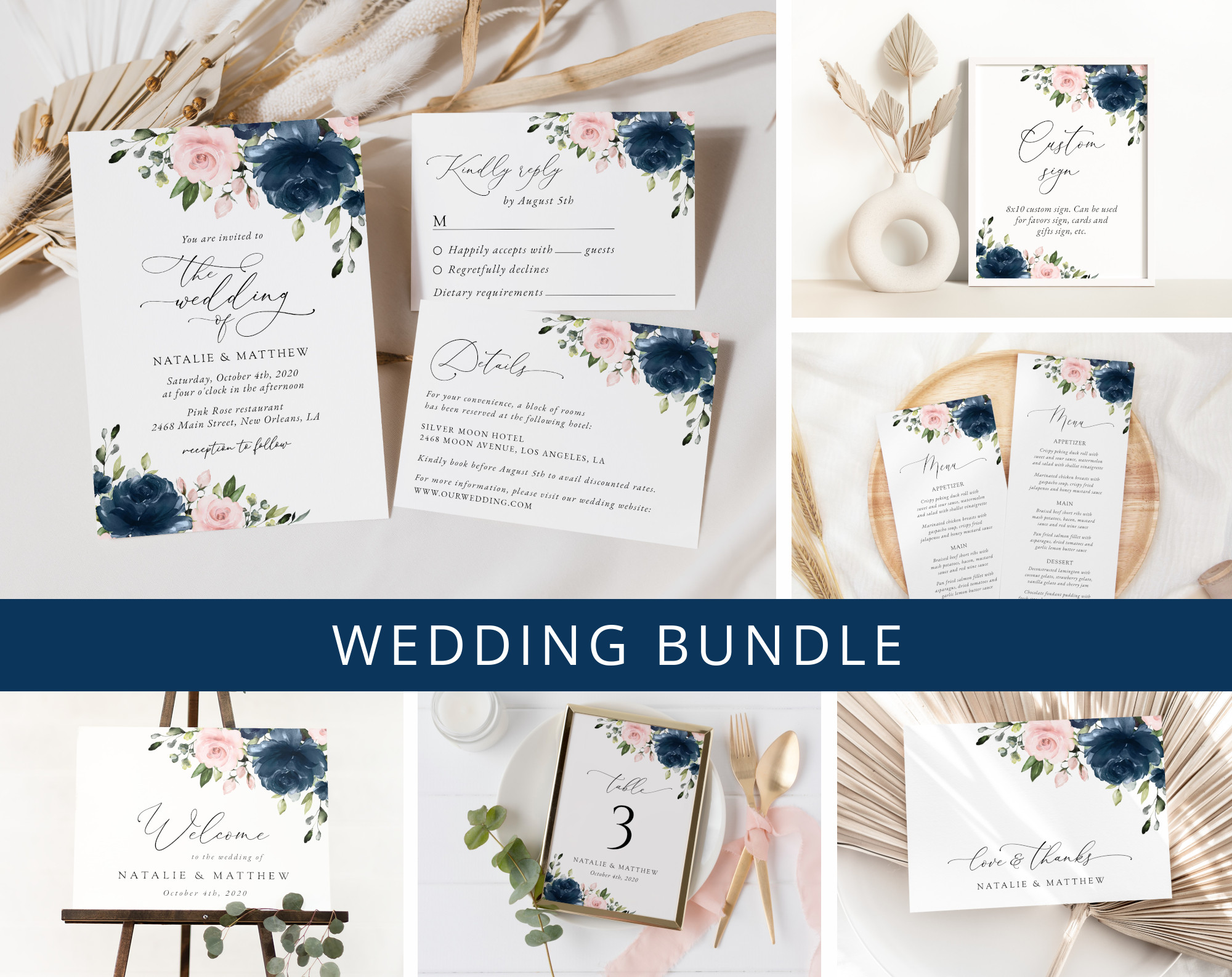 Navy and Blush Flowers Wedding Bundle, Printable File, Edit Yourself, SH04