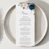 Navy and Blush Flowers Wedding Menu, Wedding Stationery, Printable File, Edit Yourself, SH04