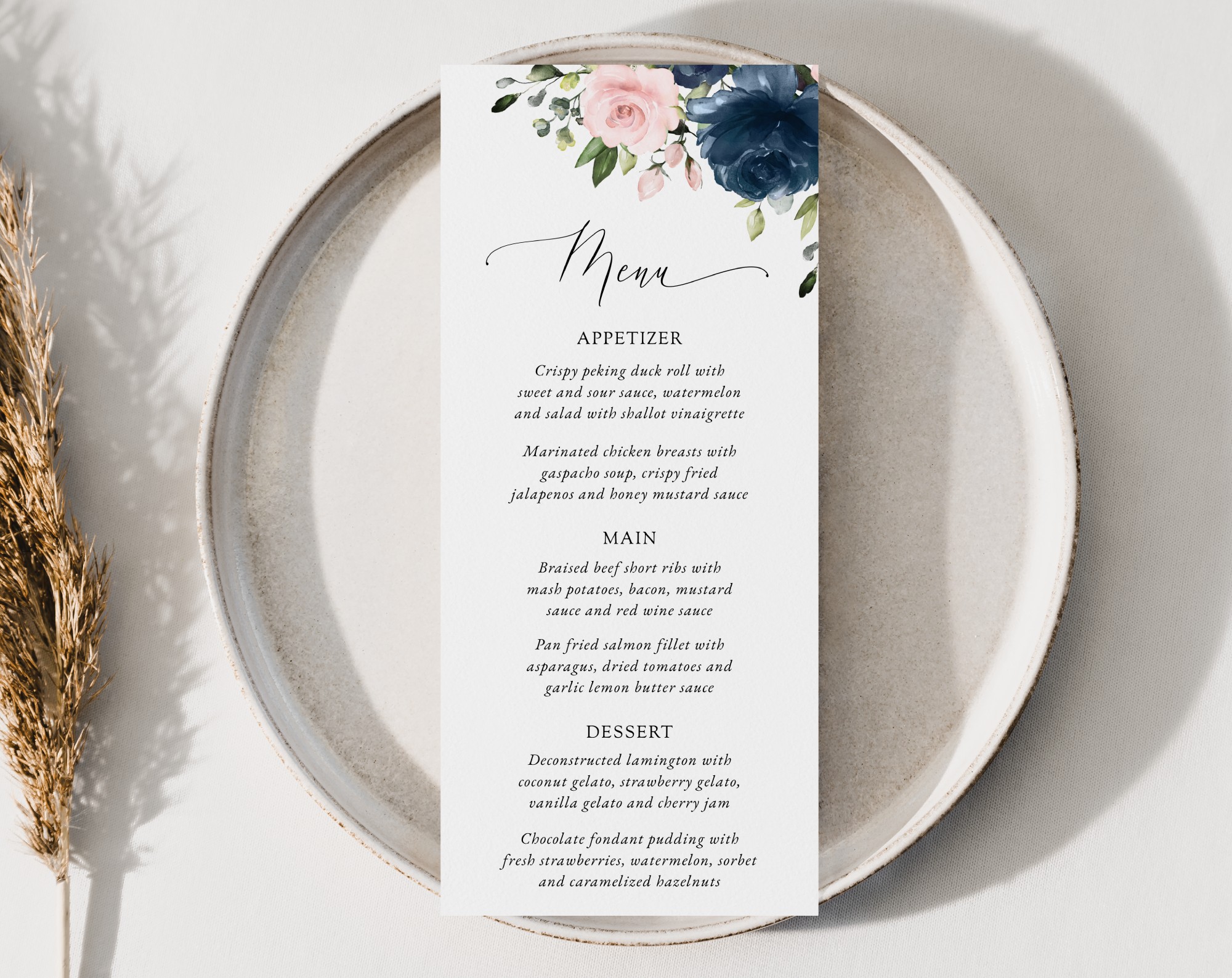 Navy and Blush Flowers Wedding Menu, Wedding Stationery, Printable File, Edit Yourself, SH04